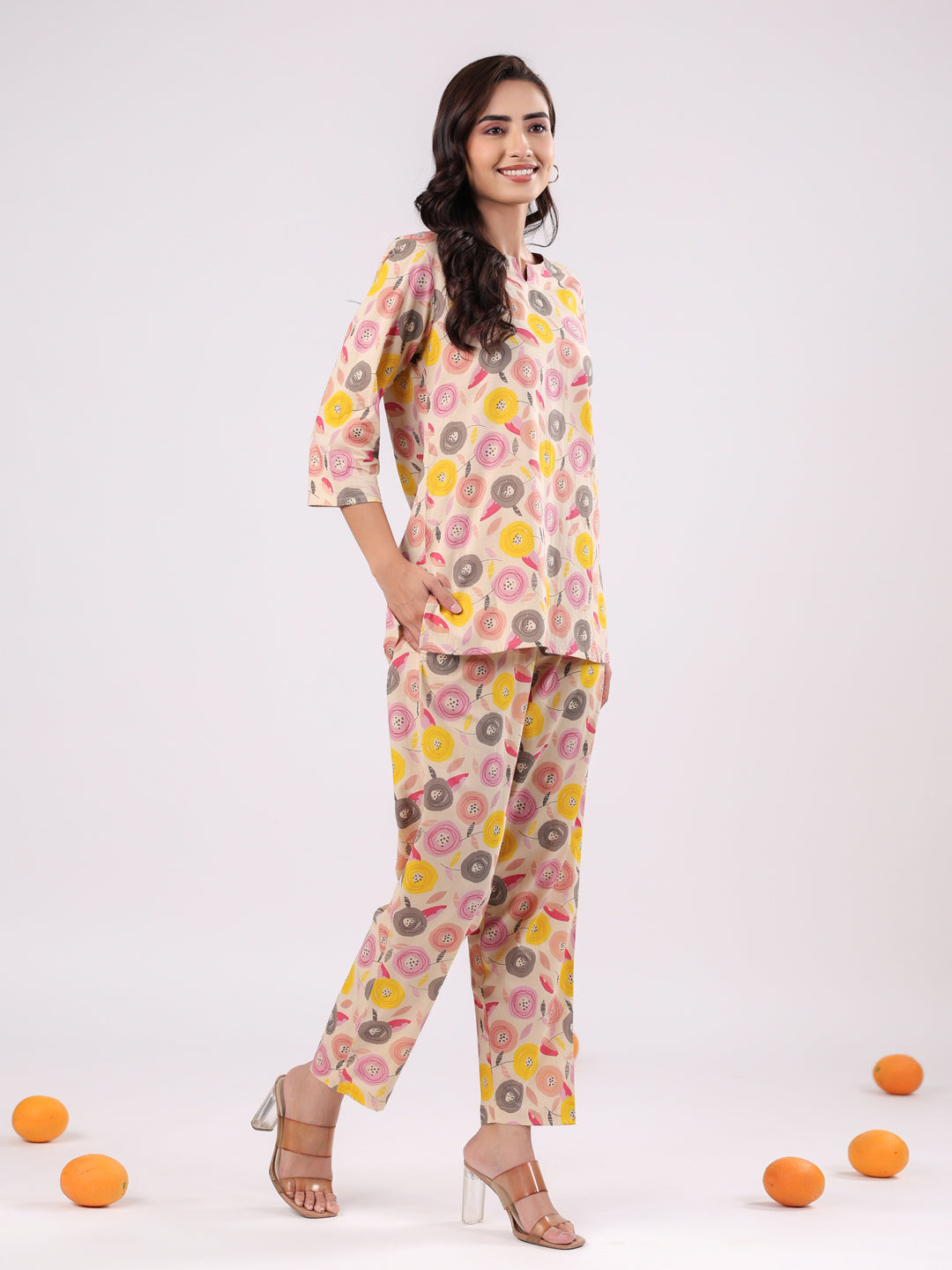 Pink Flower Printed Night Suit Set