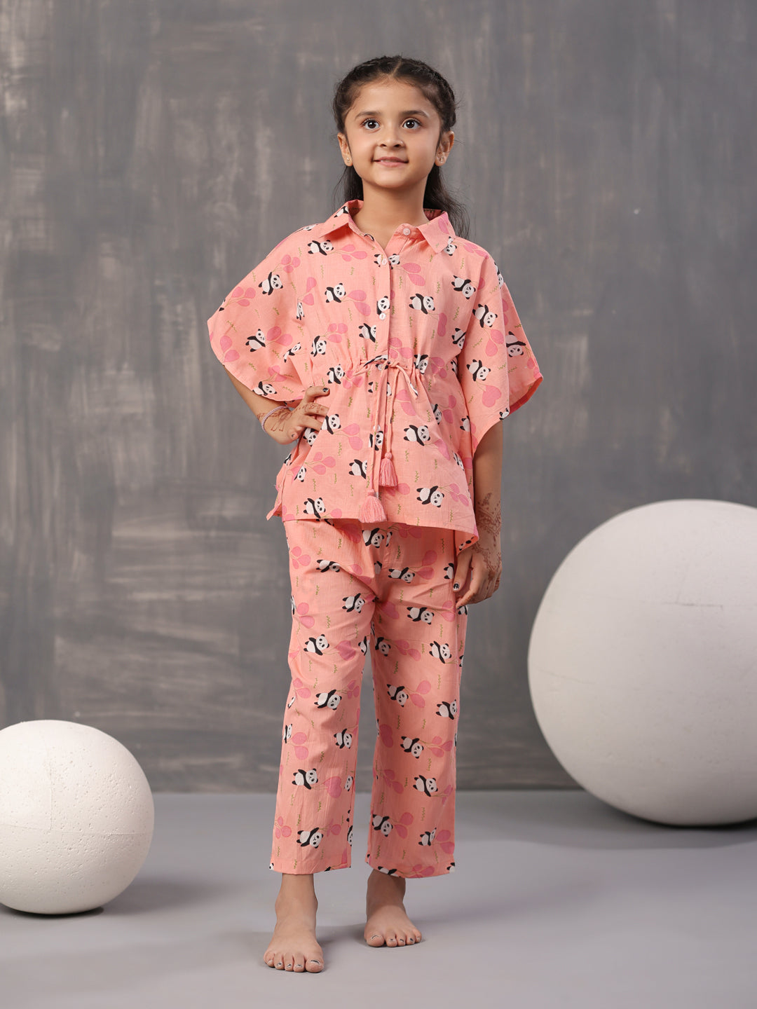 Floral Panda Printed Cotton Kids Night Suits