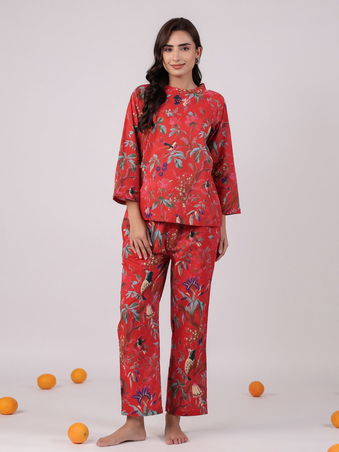 Red Flower Round Neck Night Suit Set