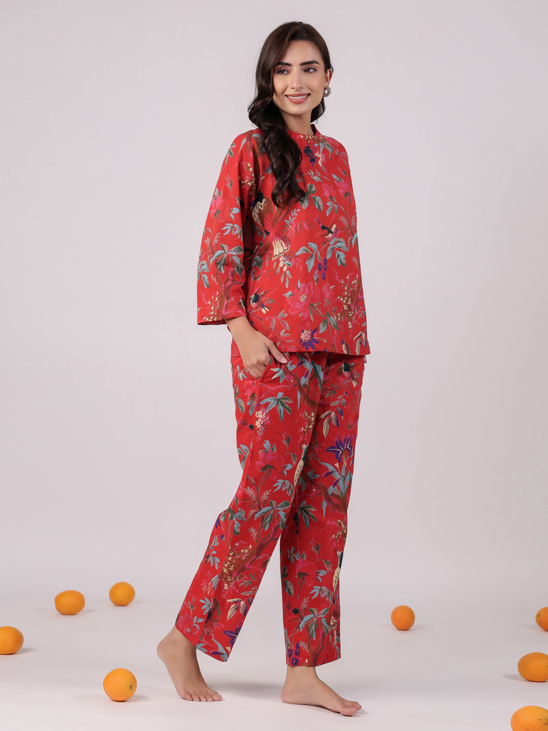 Red Flower Round Neck Night Suit Set