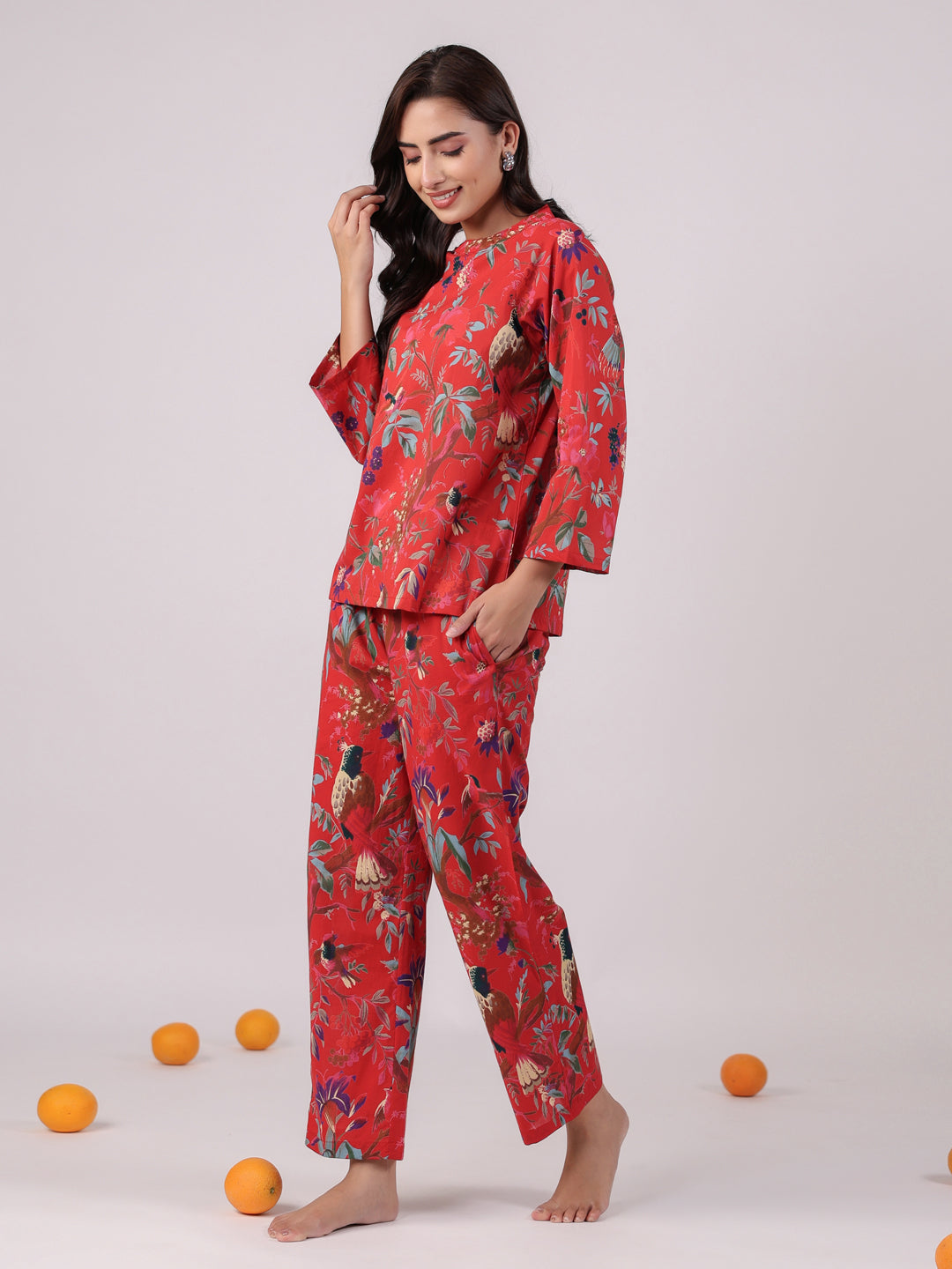 Red Flower Round Neck Night Suit Set