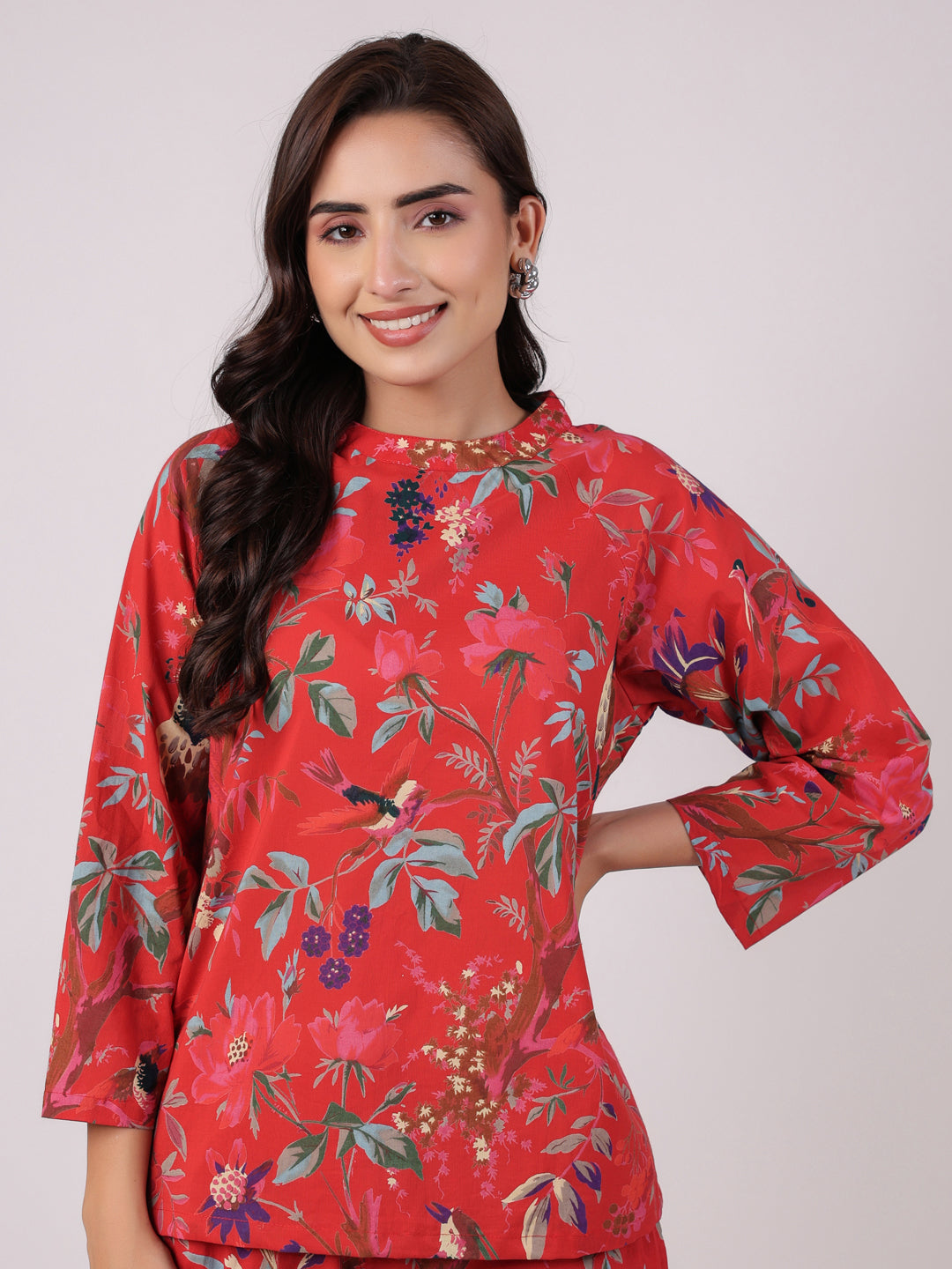 Red Flower Round Neck Night Suit Set