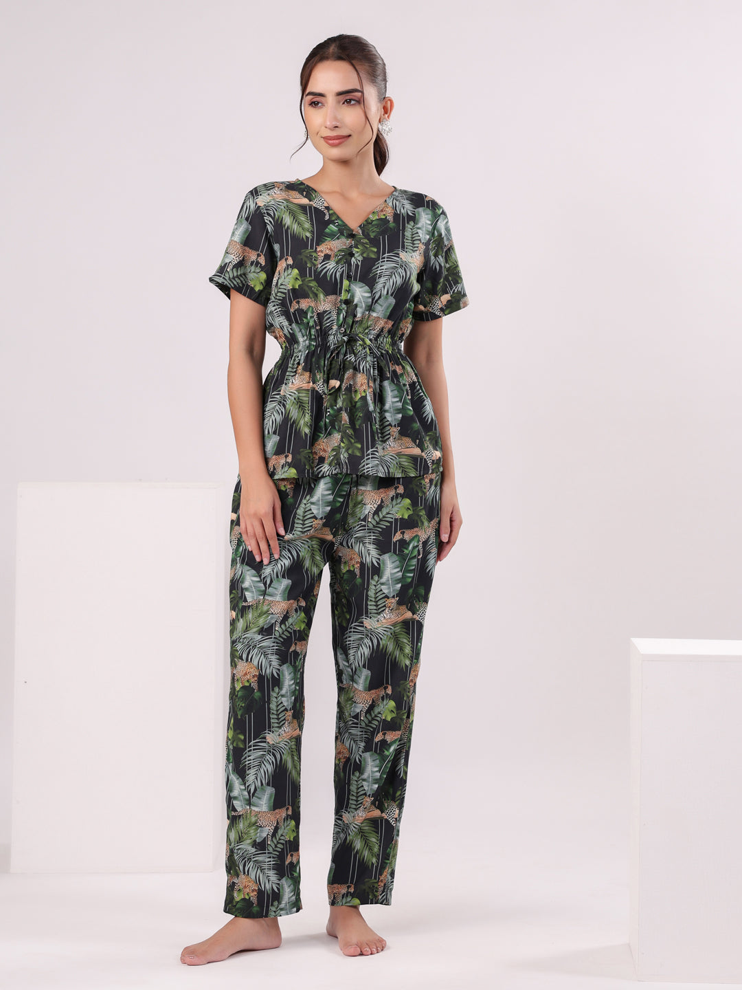 Black Flower Printed Night Suit Set