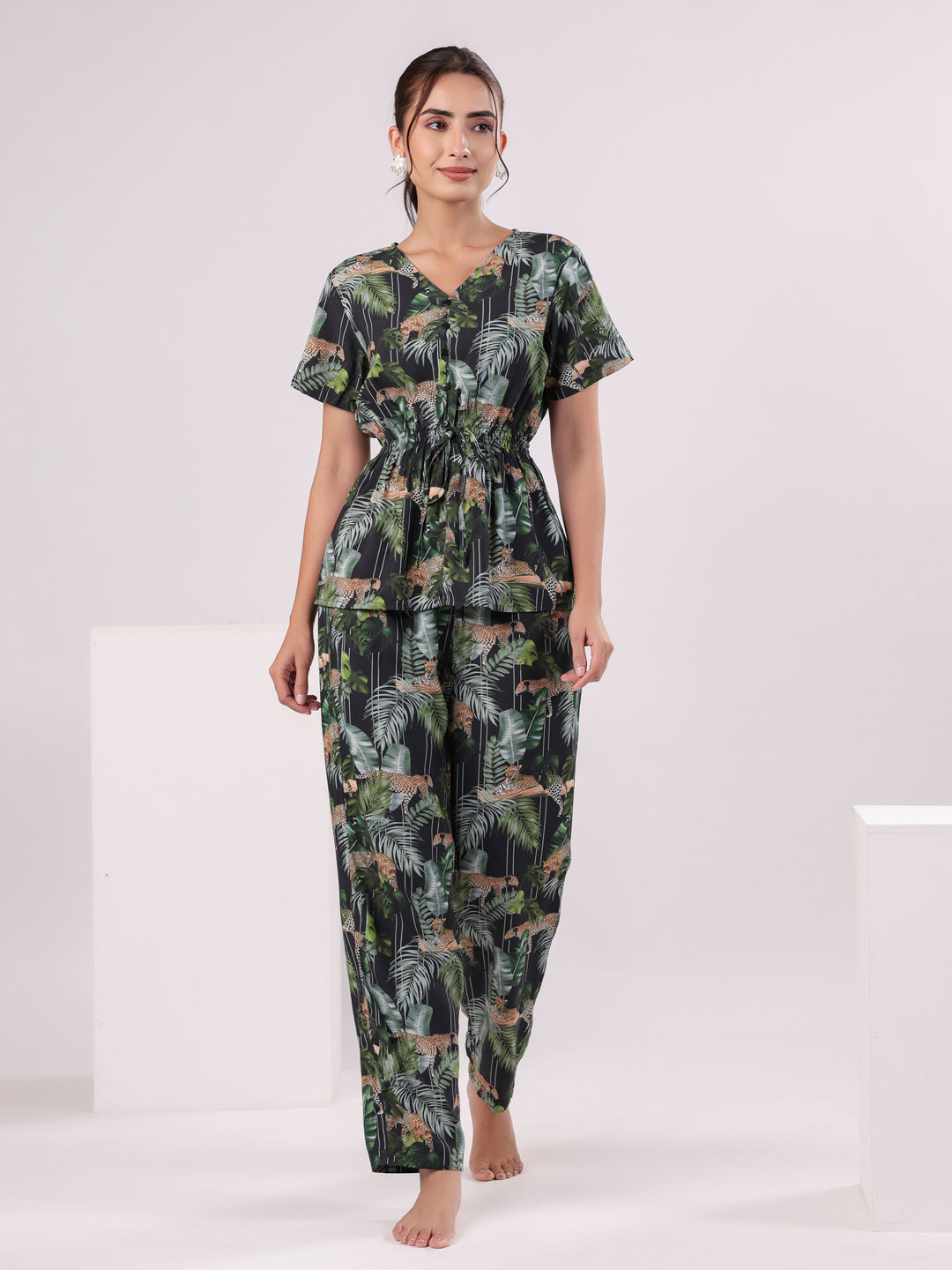 Black Flower Printed Night Suit Set