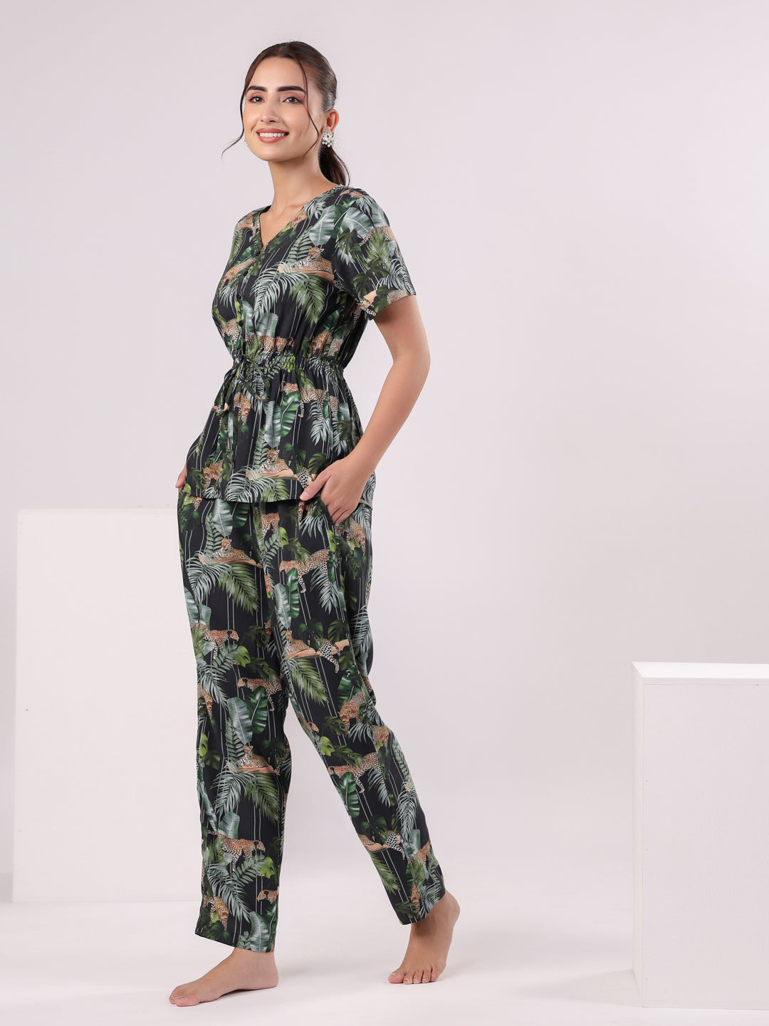 Black Flower Printed Night Suit Set