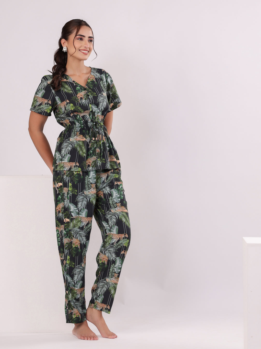 Black Flower Printed Night Suit Set