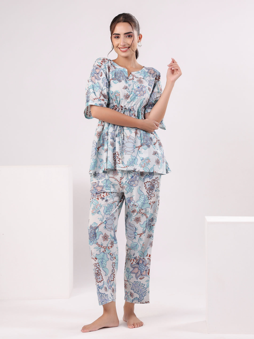 Blue Printed Kaftan Night Suit Set for Women