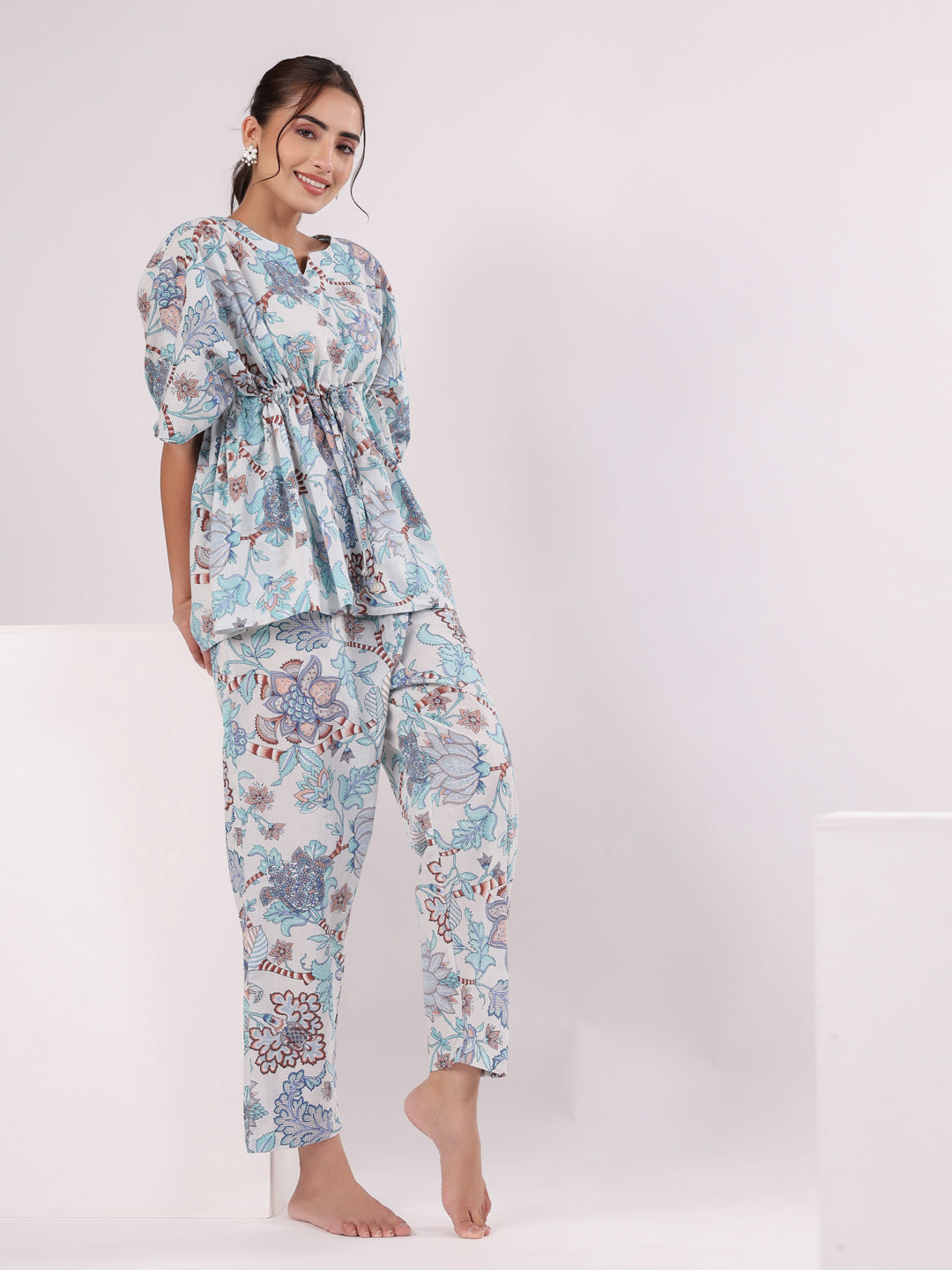 Blue Printed Kaftan Night Suit Set for Women