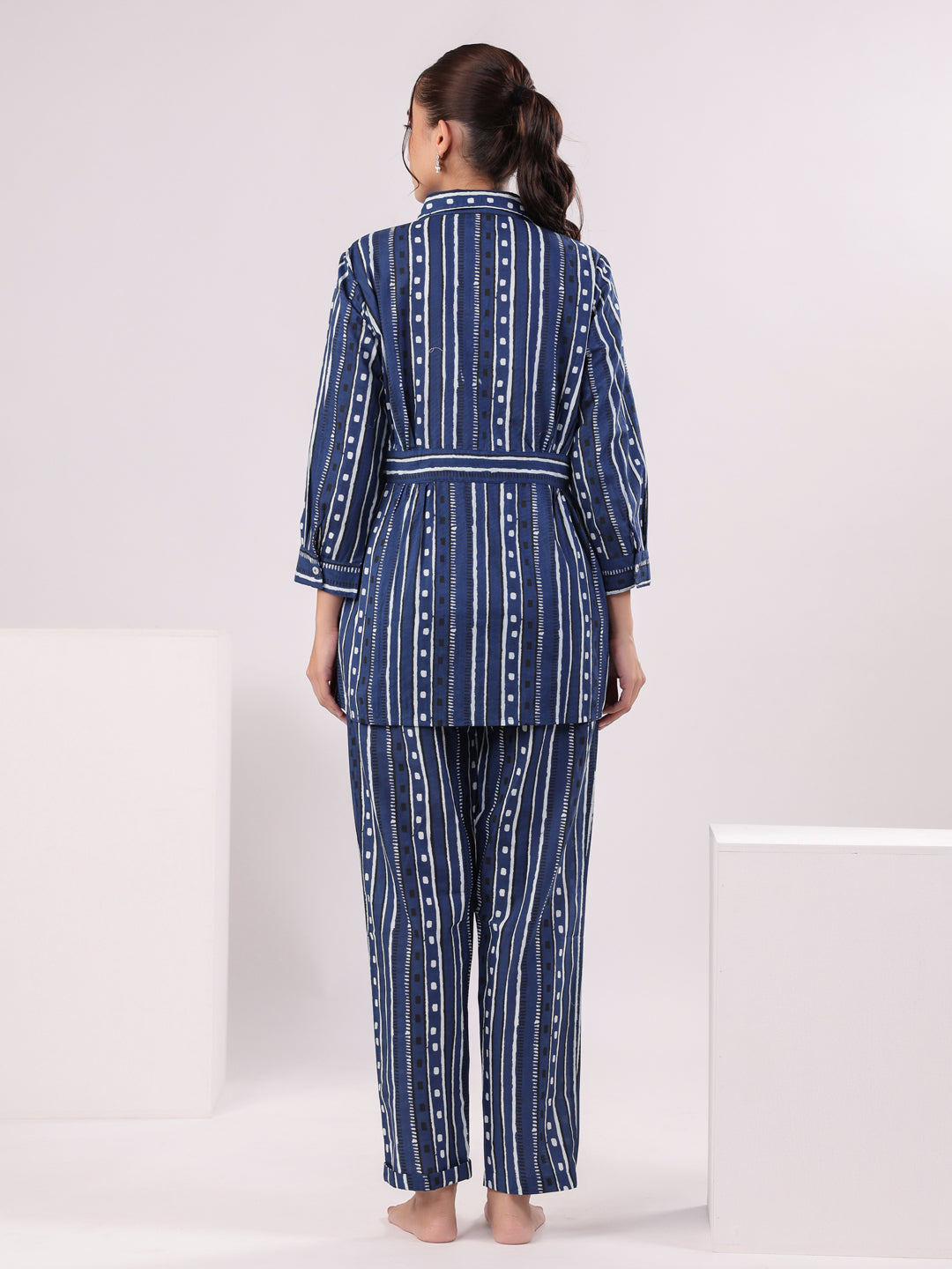 Blue Strait Line Printed Night Suit