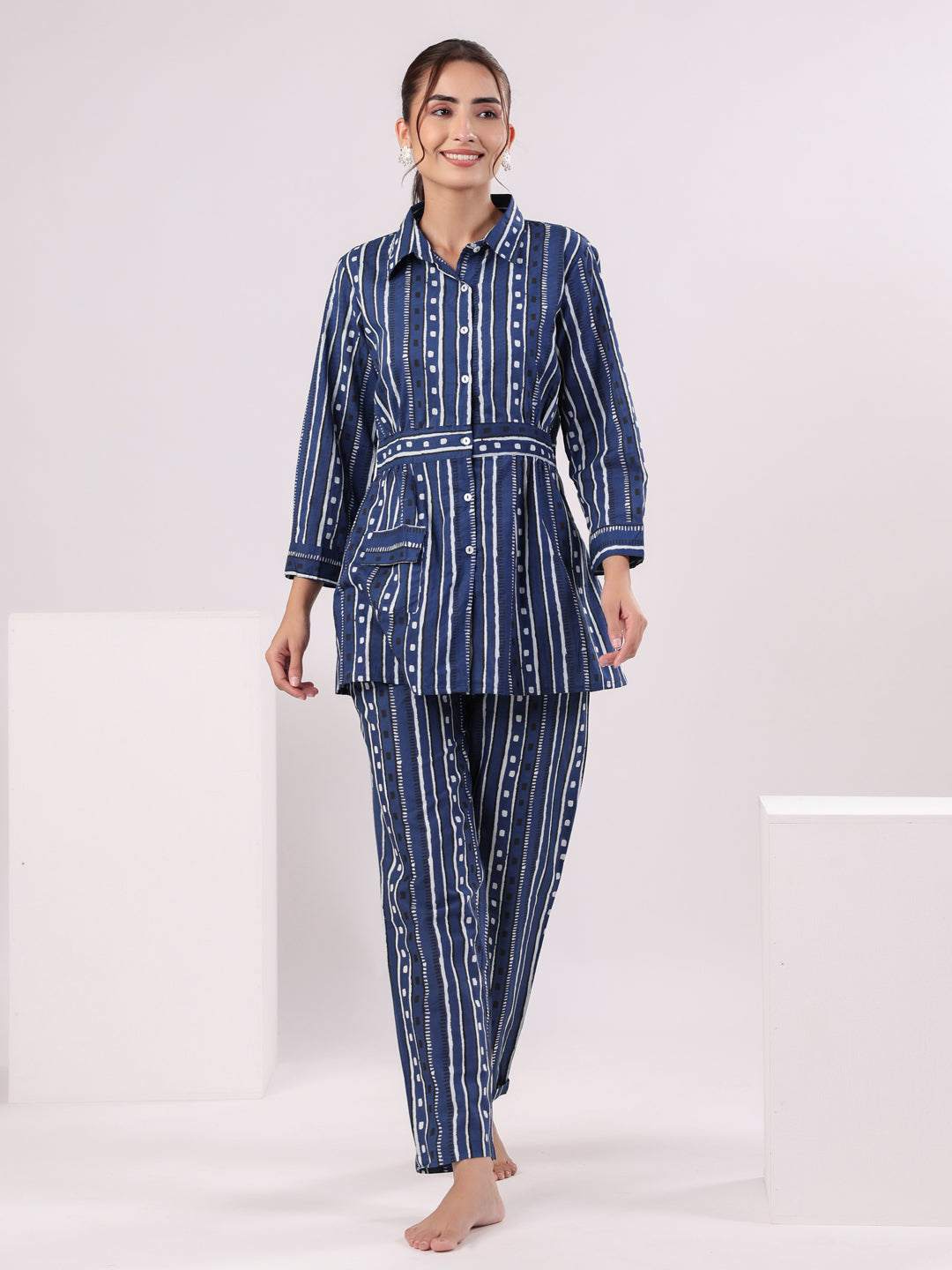 Blue Strait Line Printed Night Suit