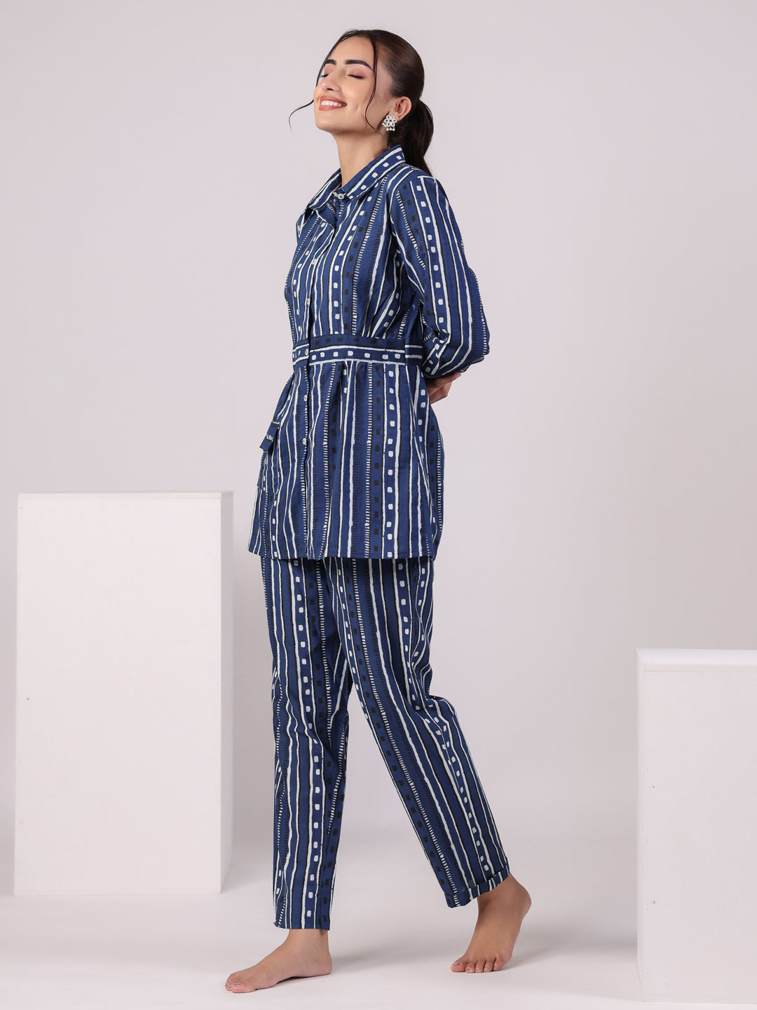 Blue Strait Line Printed Night Suit