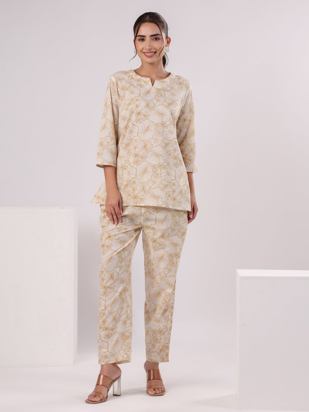 Brown Flower Printed Night Suit Set