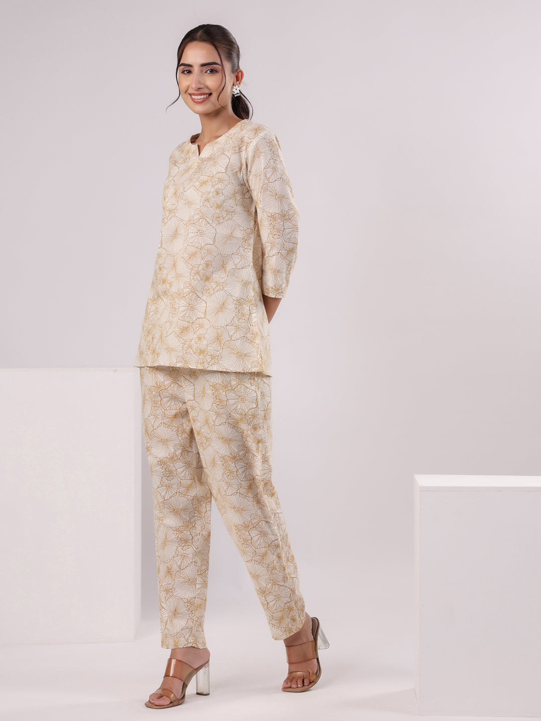 Brown Flower Printed Night Suit Set