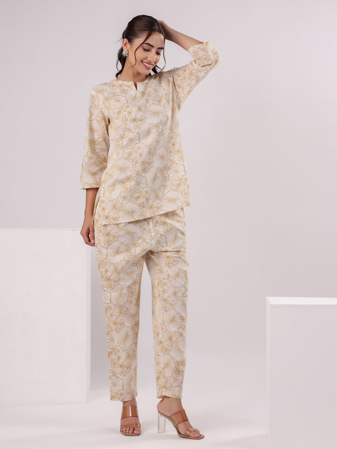 Brown Flower Printed Night Suit Set