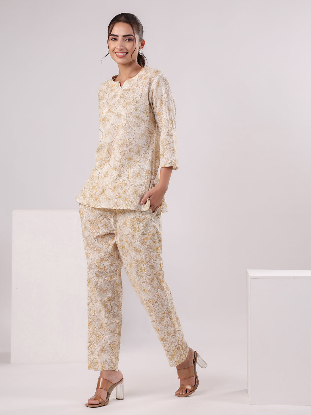 Brown Flower Printed Night Suit Set