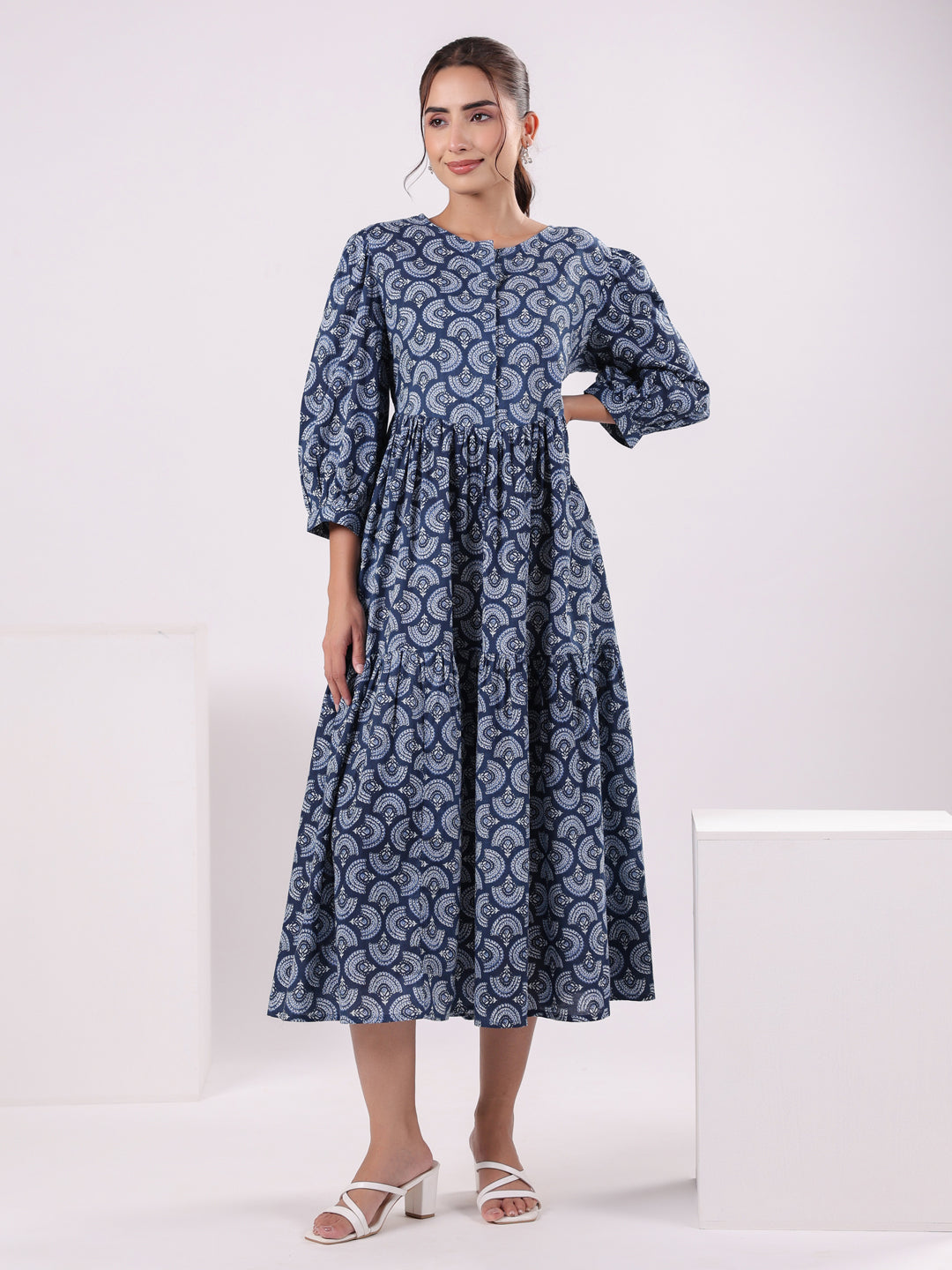 Women Floral Print Puff Sleeve Dress