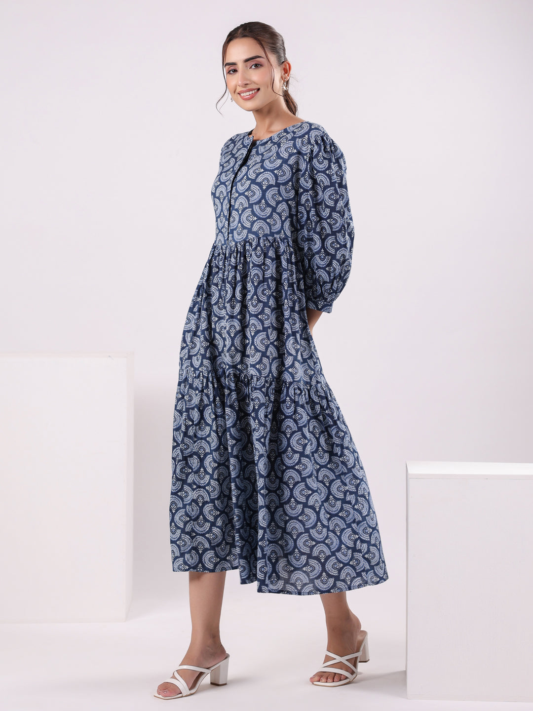 Women Floral Print Puff Sleeve Dress