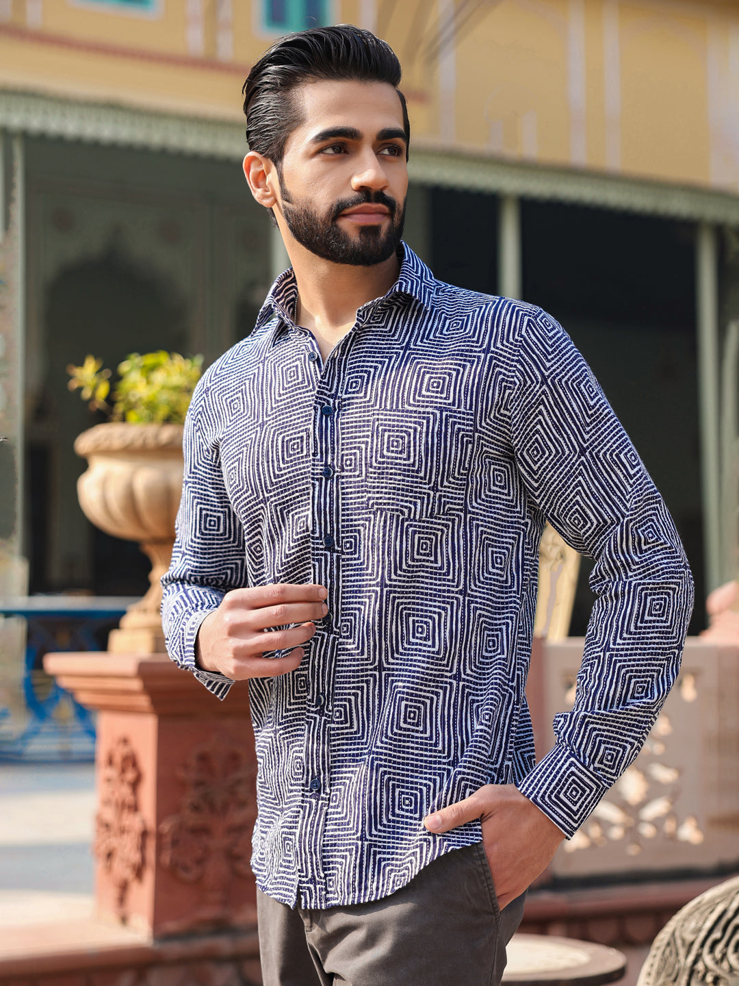 Men's  Pure Cotton Blue Casual Shirt