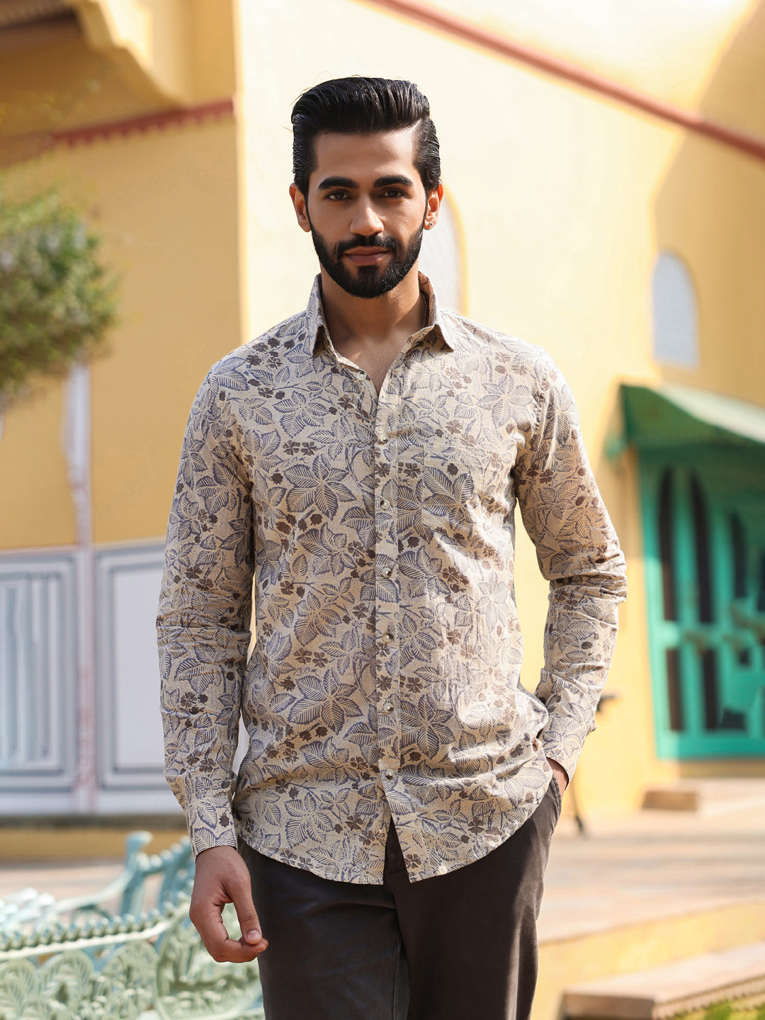 Men's Floral Print Pure Cotton Beige Casual Shirt