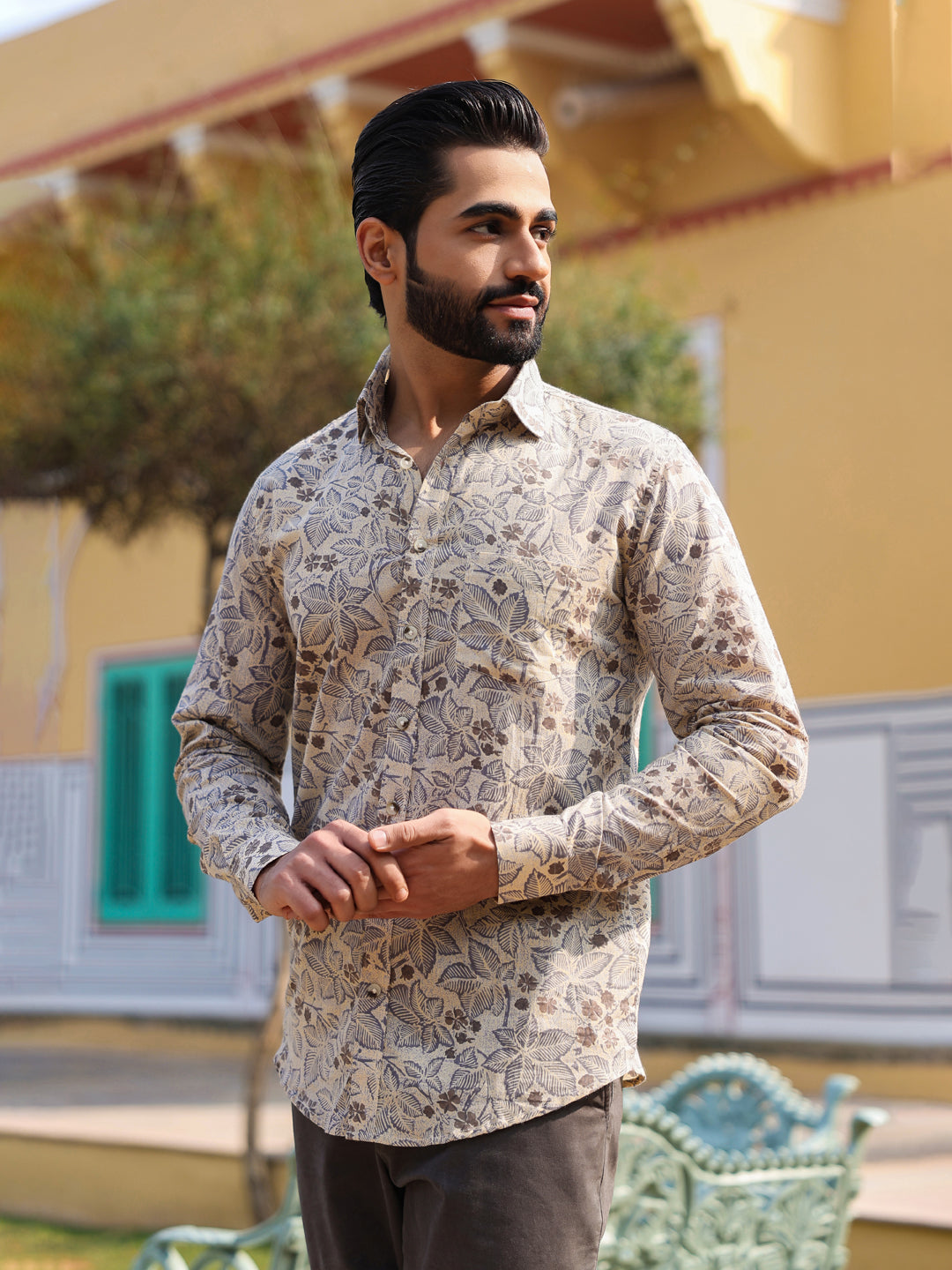 Men's Floral Print Pure Cotton Beige Casual Shirt