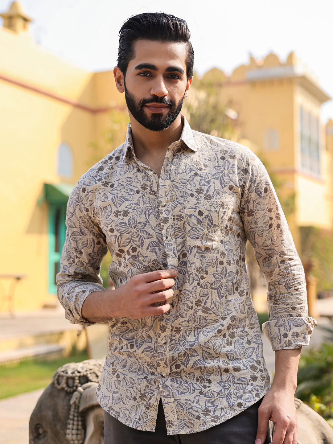 Men's Floral Print Pure Cotton Beige Casual Shirt