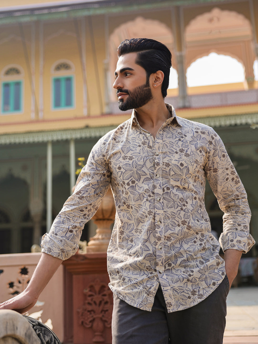 Men's Floral Print Pure Cotton Beige Casual Shirt