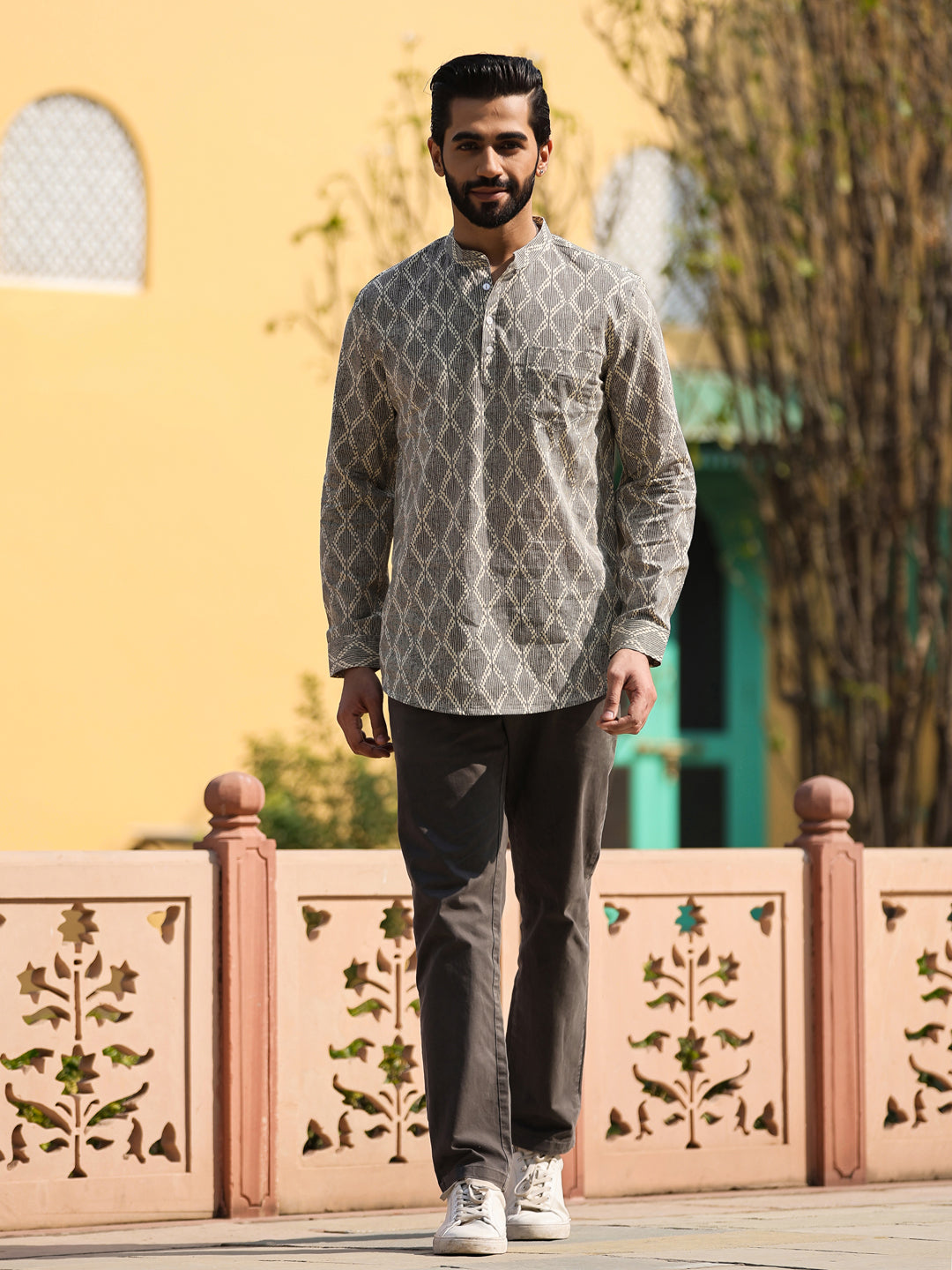 Men's Geometric Pure Cotton Beige Printed Kurta