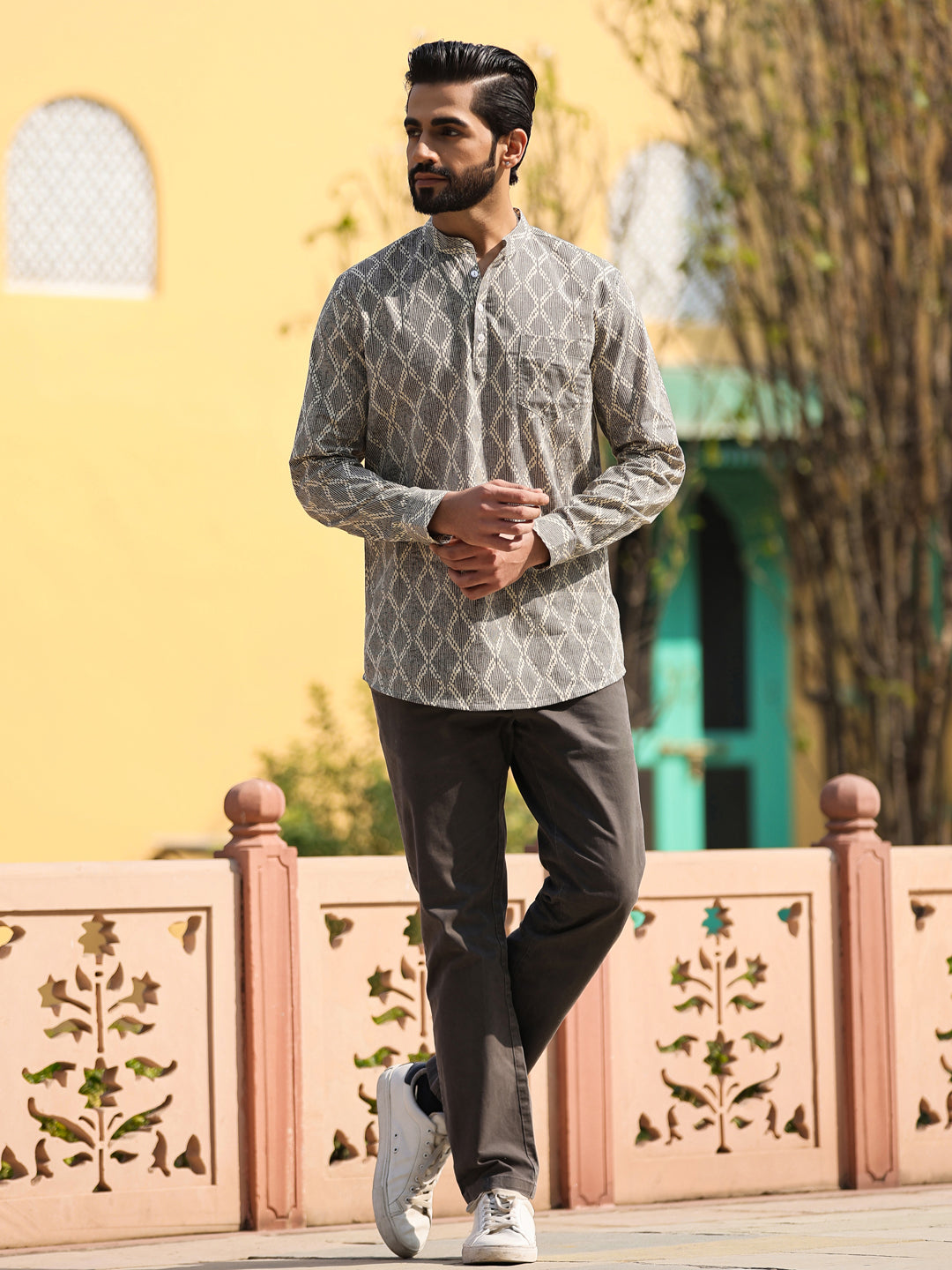 Men's Geometric Pure Cotton Beige Printed Kurta