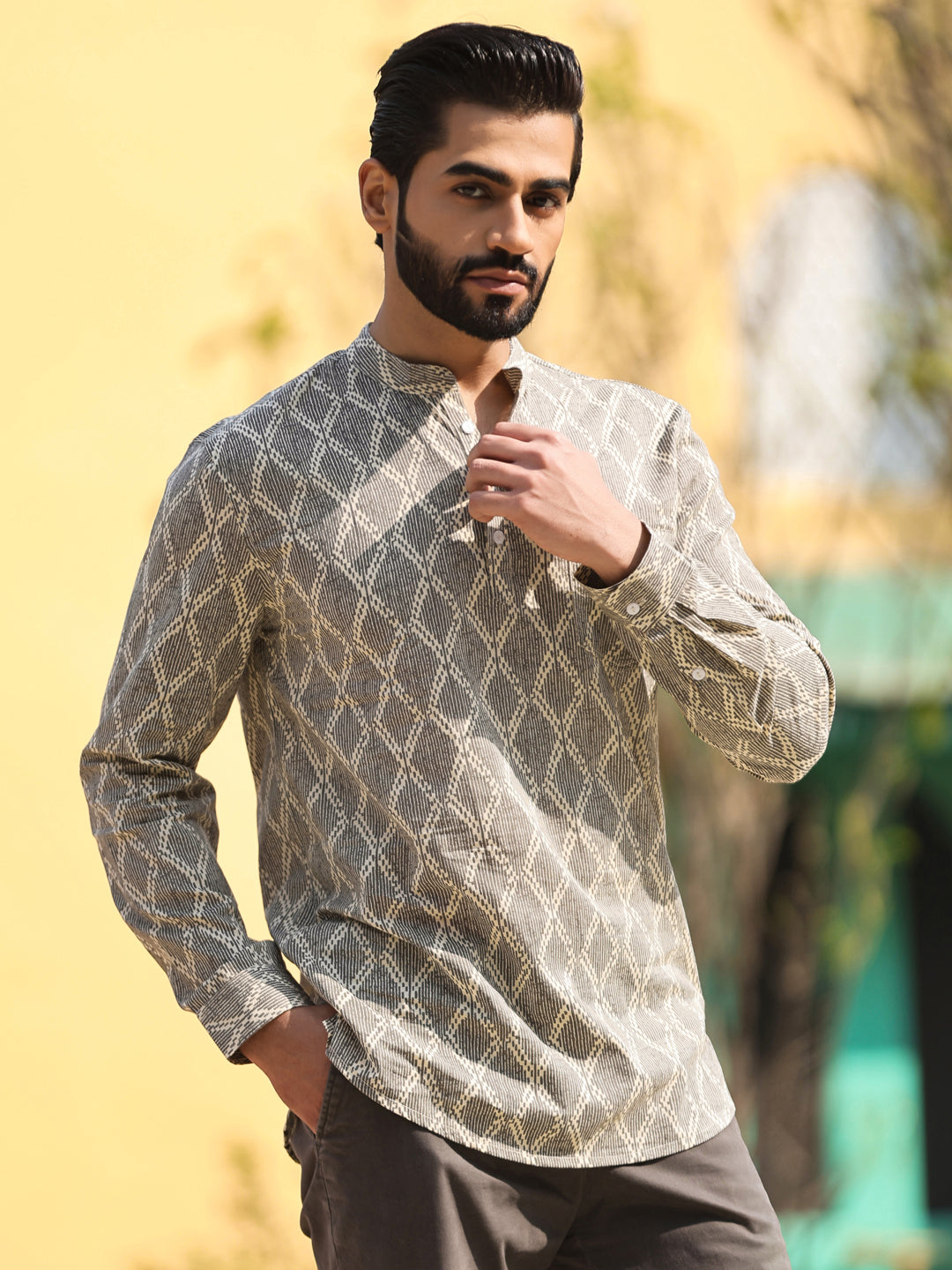 Men's Geometric Pure Cotton Beige Printed Kurta