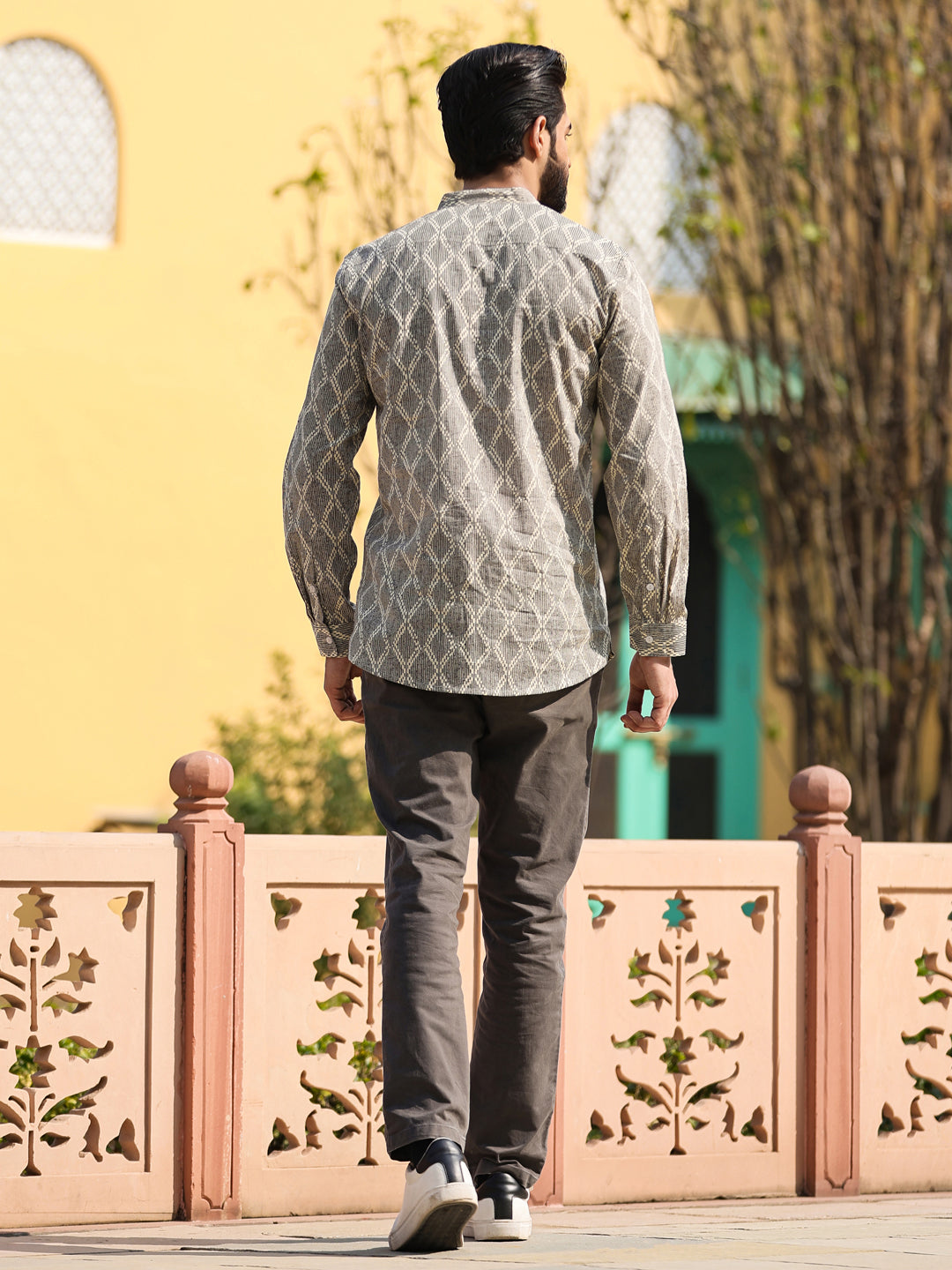 Men's Geometric Pure Cotton Beige Printed Kurta