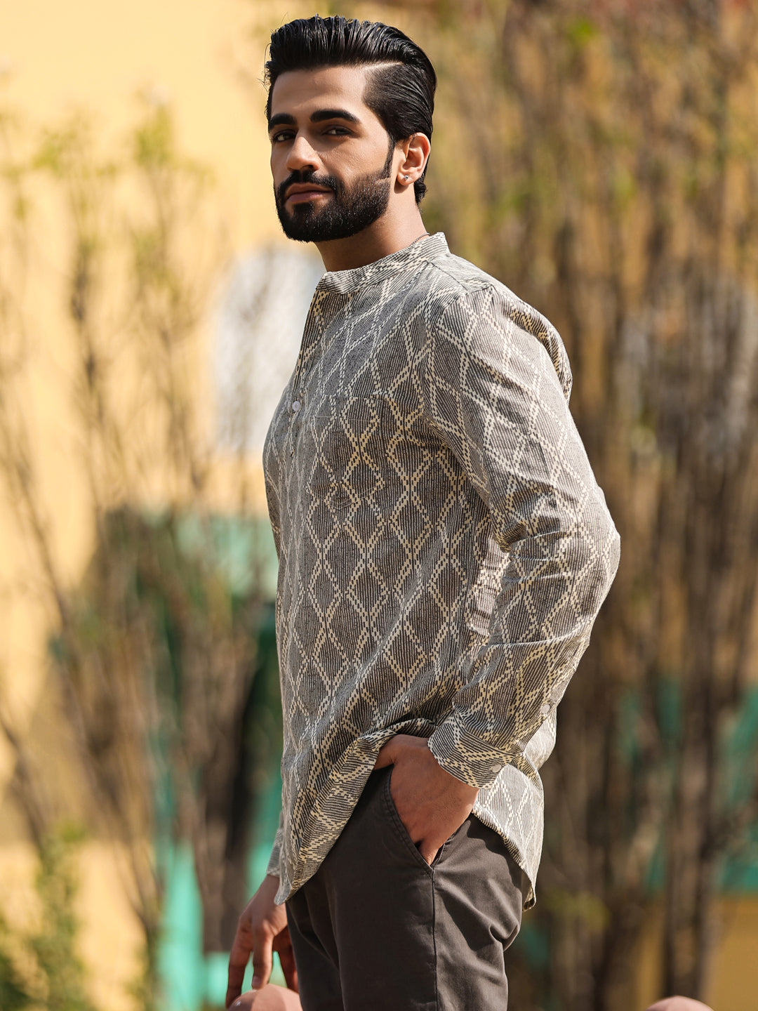 Men's Geometric Pure Cotton Beige Printed Kurta