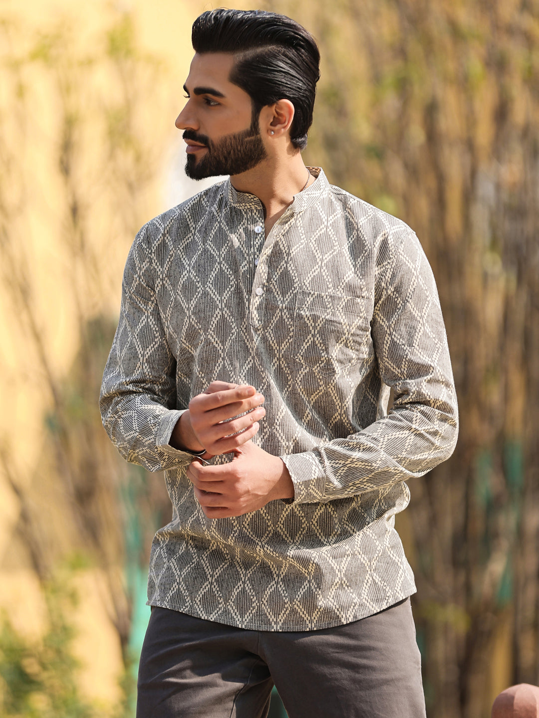 Men's Geometric Pure Cotton Beige Printed Kurta