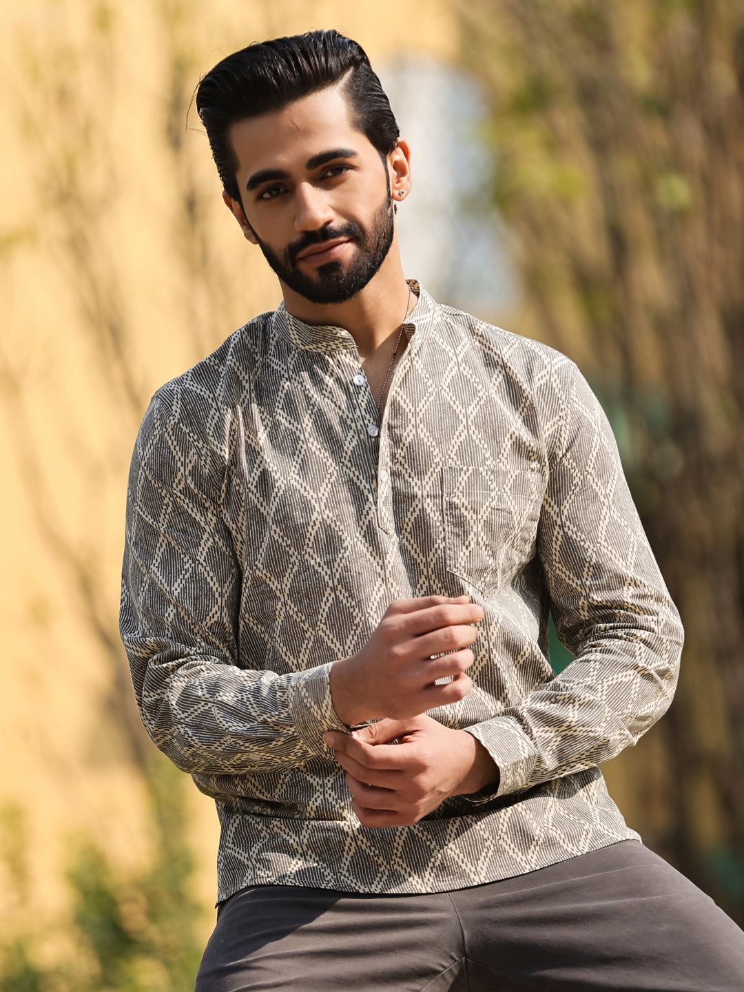 Men's Geometric Pure Cotton Beige Printed Kurta