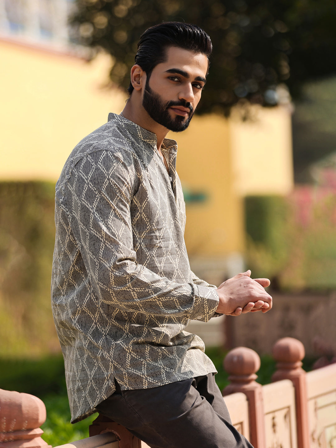 Men's Geometric Pure Cotton Beige Printed Kurta