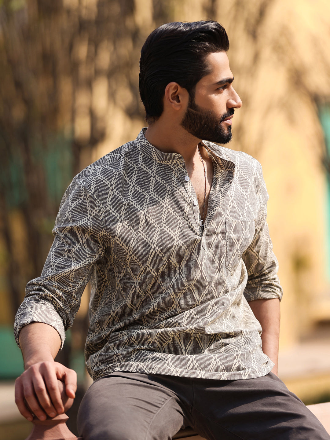 Men's Geometric Pure Cotton Beige Printed Kurta