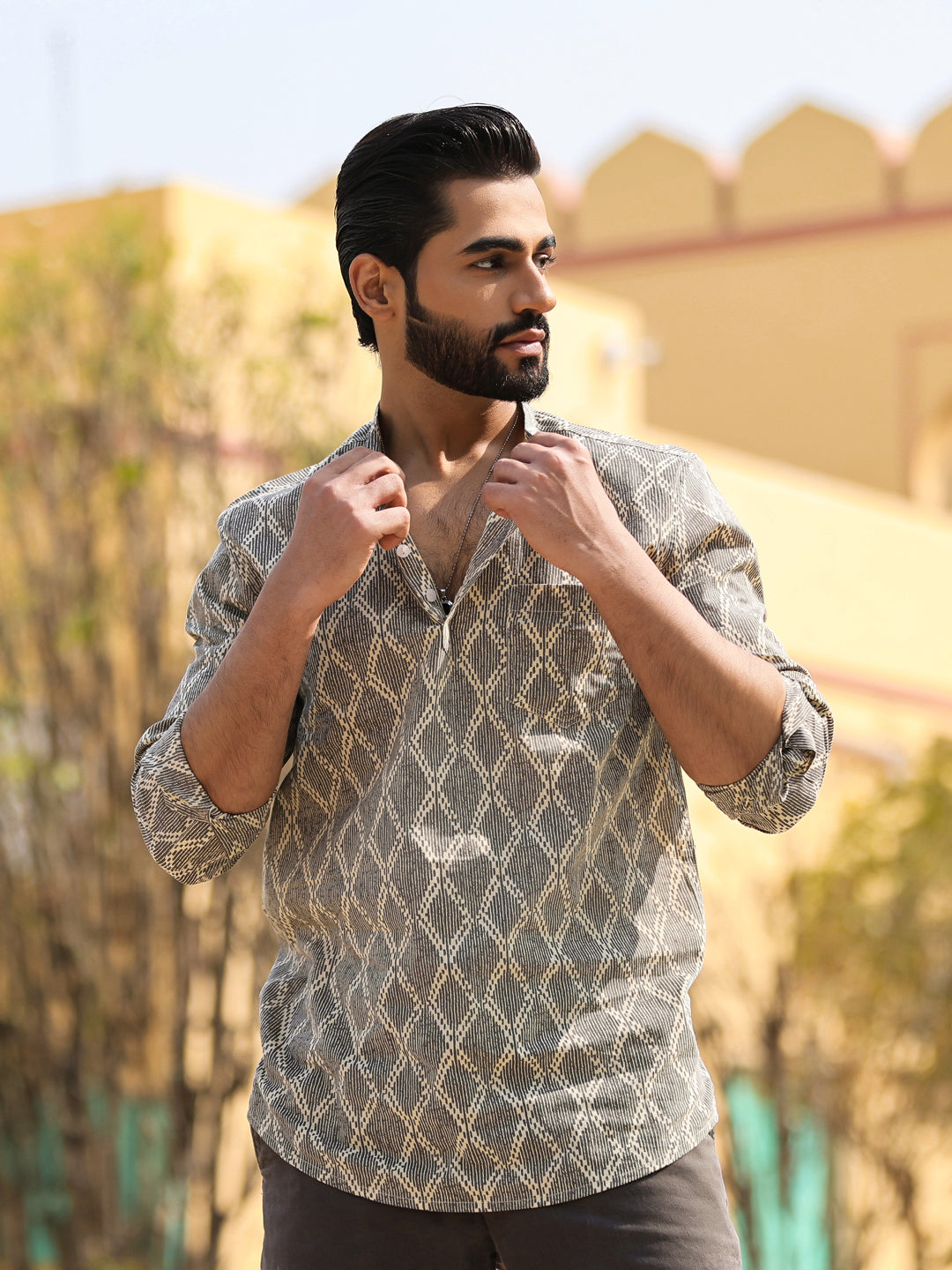 Men's Geometric Pure Cotton Beige Printed Kurta