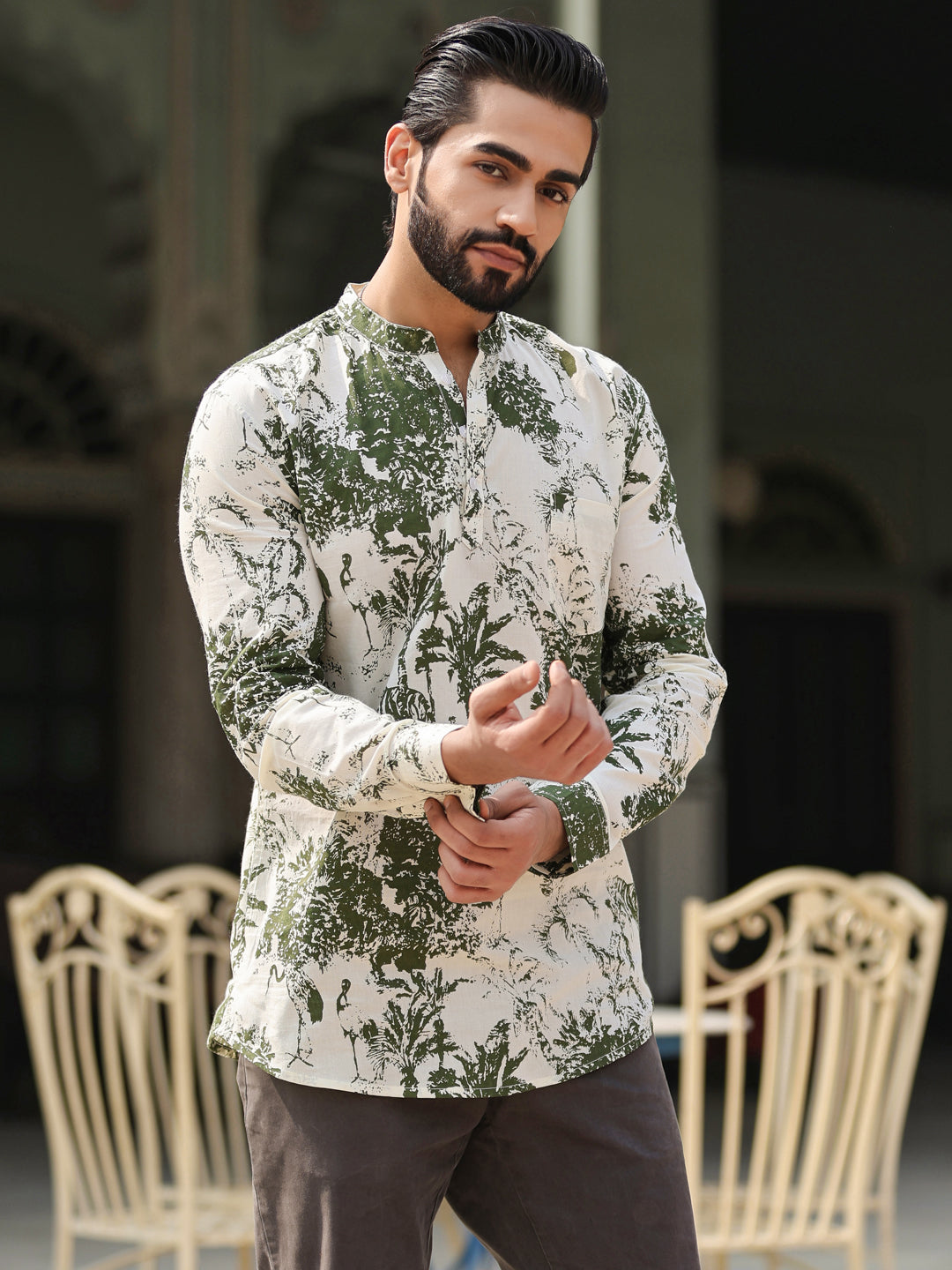 Men's Floral Pure Cotton Brown Printed Kurta