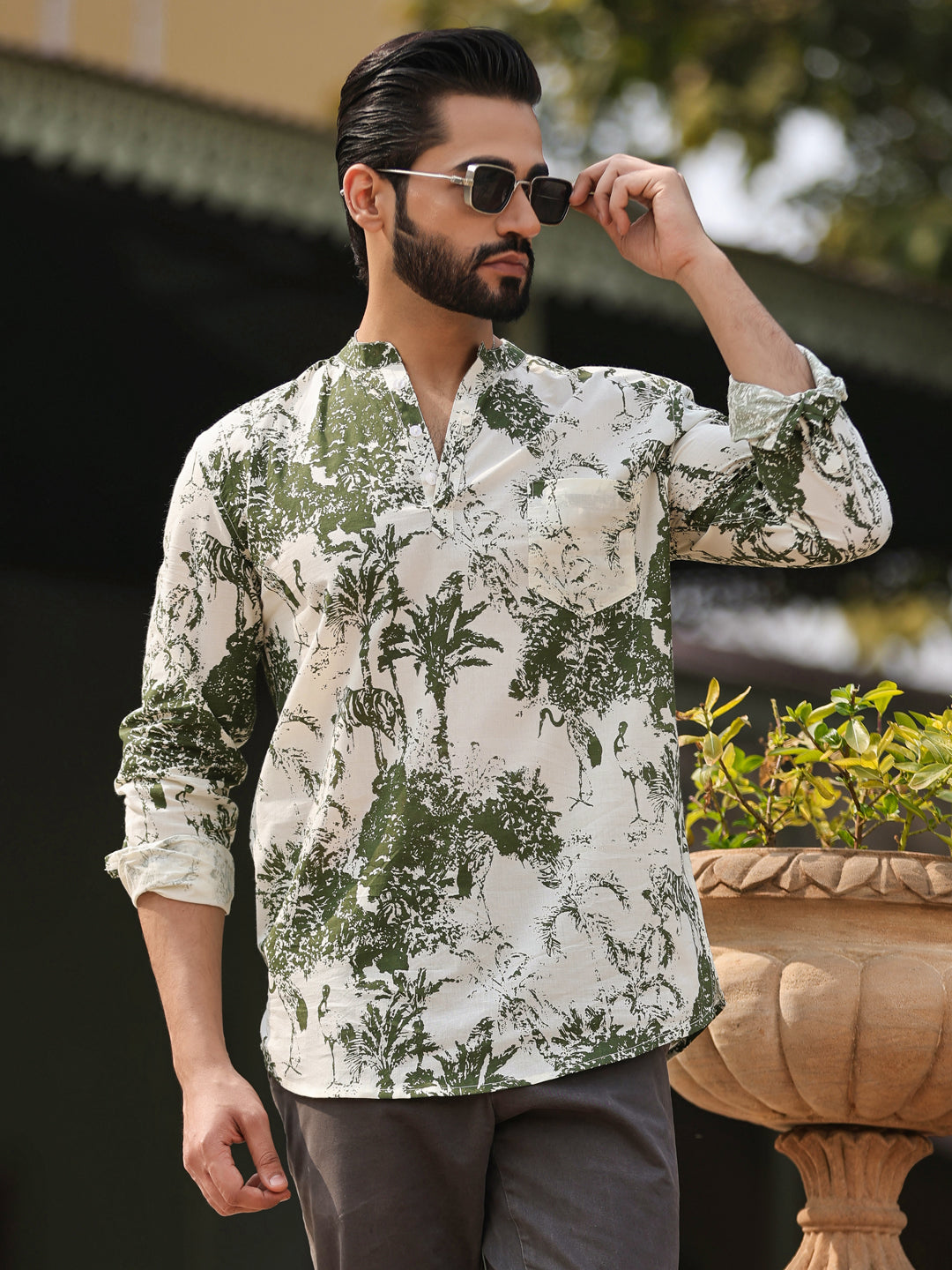 Men's Floral Pure Cotton Brown Printed Kurta