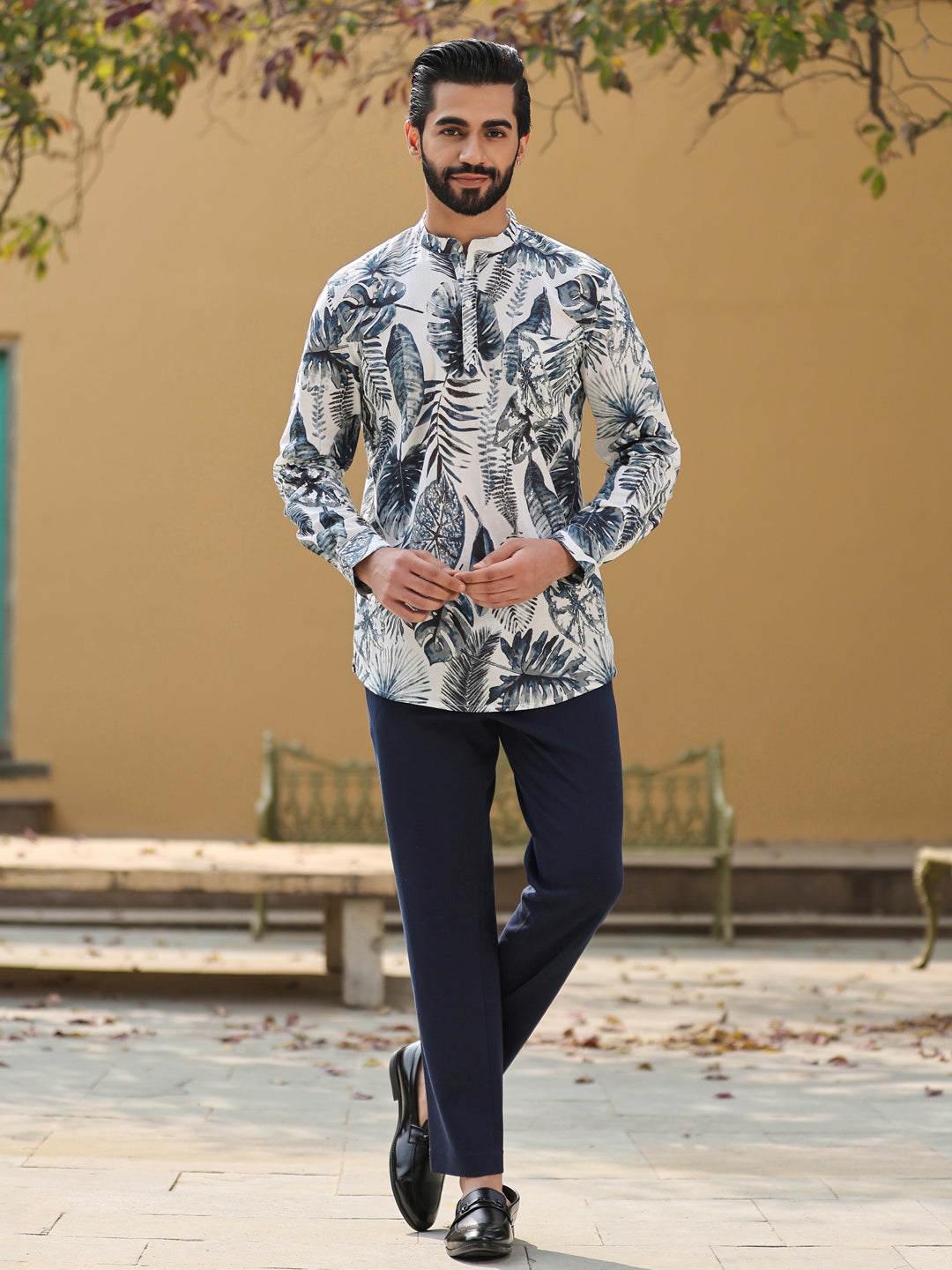 Men's Floral Pure Cotton Grey Printed Kurta