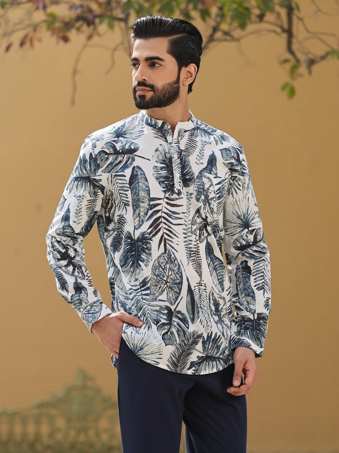 Men's Floral Pure Cotton Grey Printed Kurta