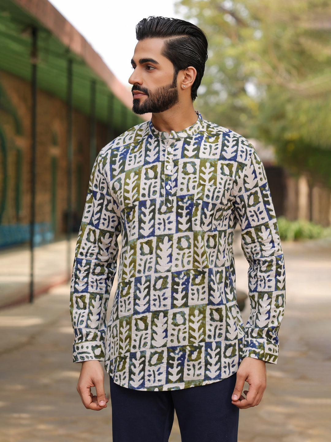 Men's Ethnic Motifs Pure Cotton Navy Blue Printed Kurta