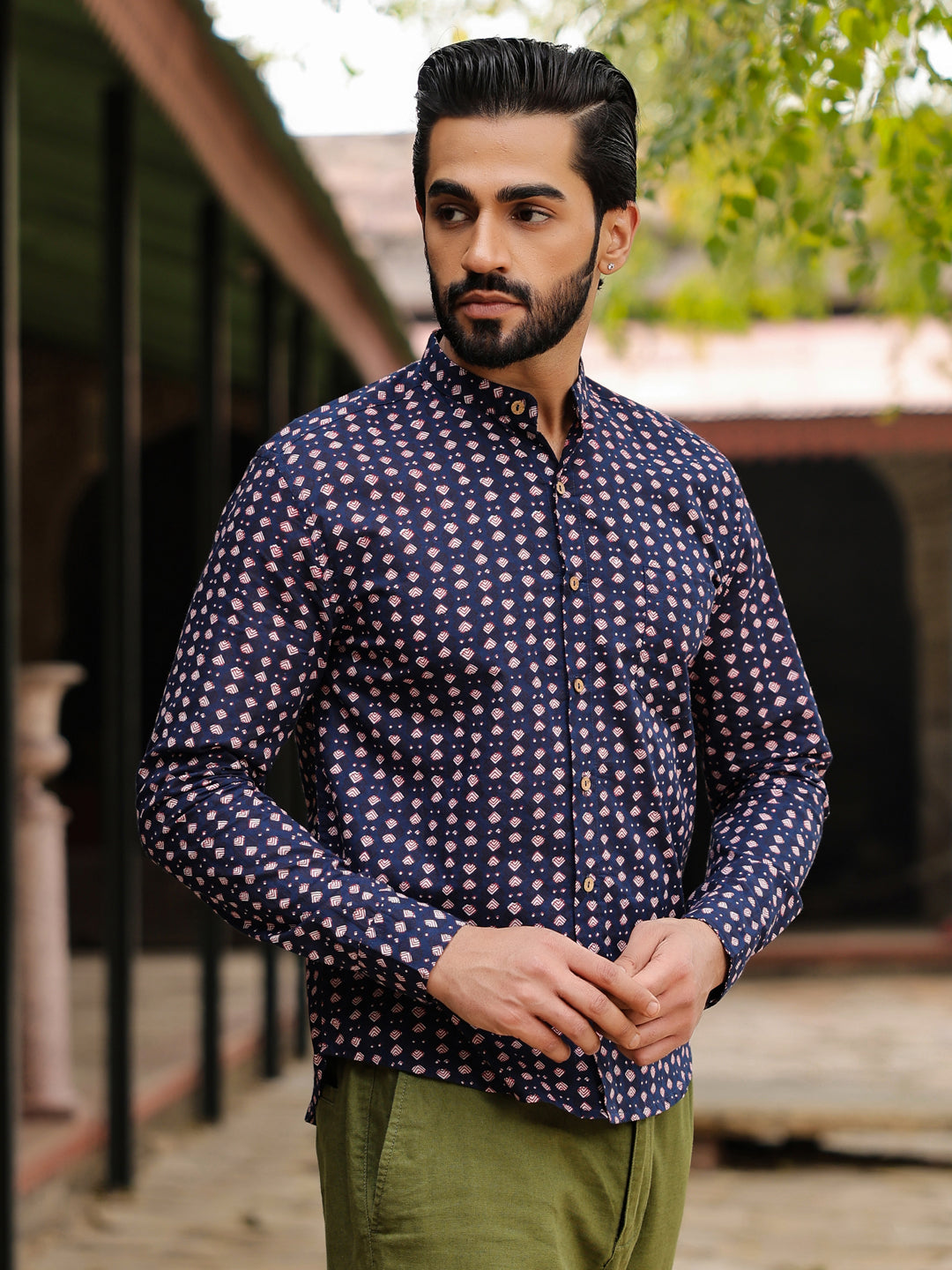 Men's  Pure Cotton Navy Blue Casual Shirt