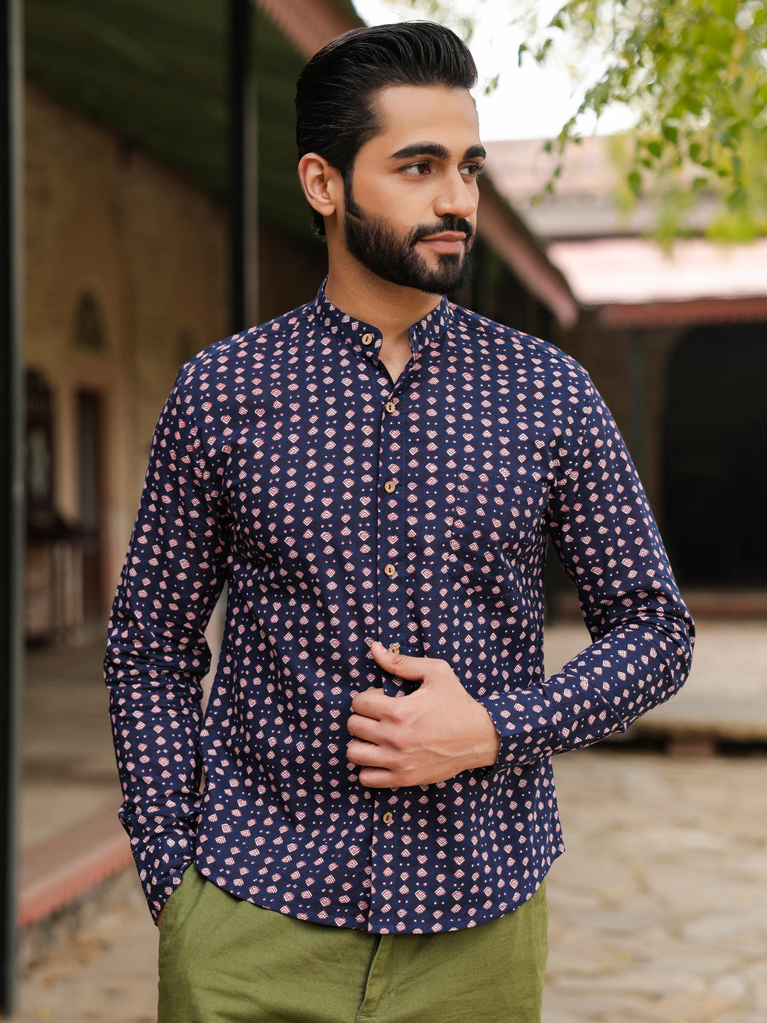 Men's  Pure Cotton Navy Blue Casual Shirt