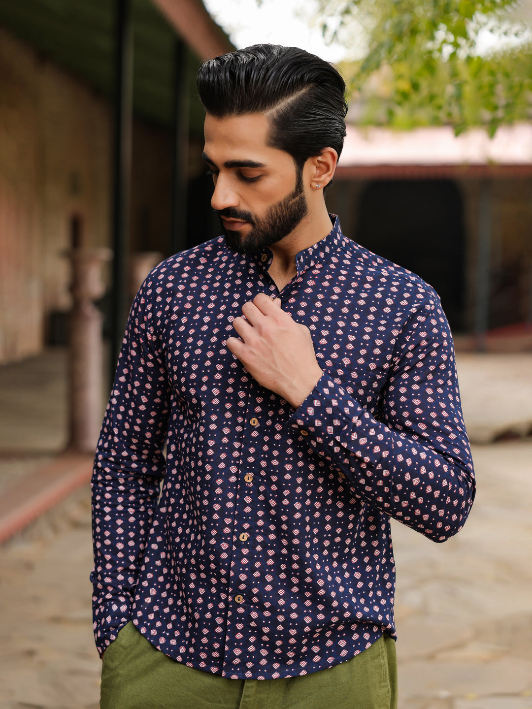 Men's  Pure Cotton Navy Blue Casual Shirt