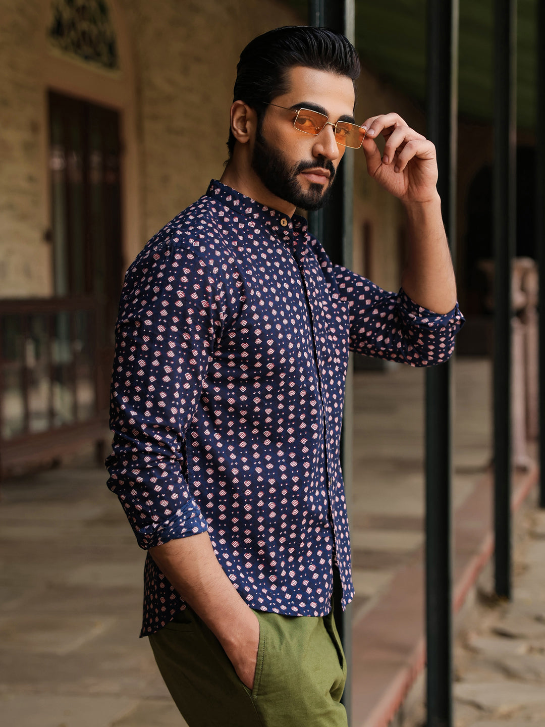 Men's  Pure Cotton Navy Blue Casual Shirt