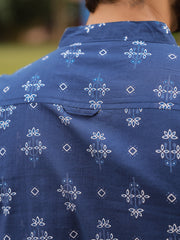 Men's Ethnic Print Pure Cotton Navy Blue Casual Shirt