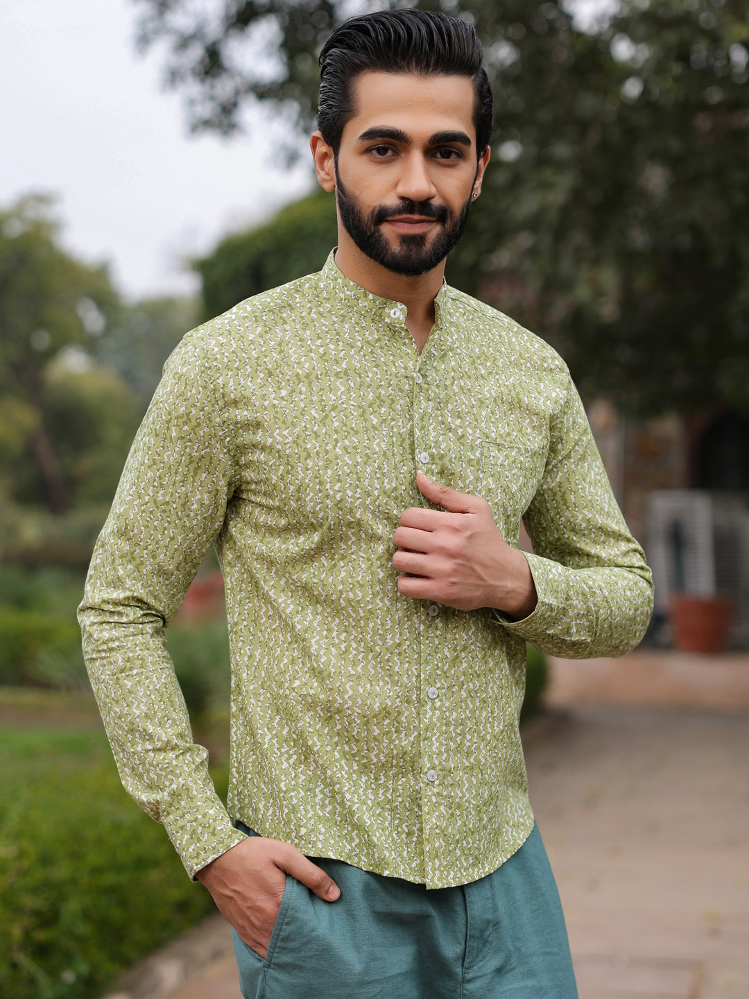 Men's  Pure Cotton Green Casual Shirt