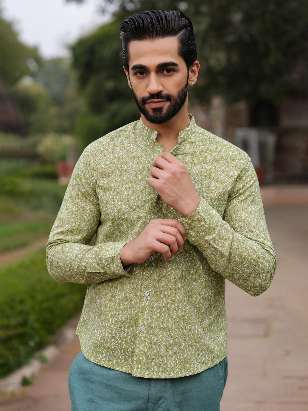 Men's  Pure Cotton Green Casual Shirt