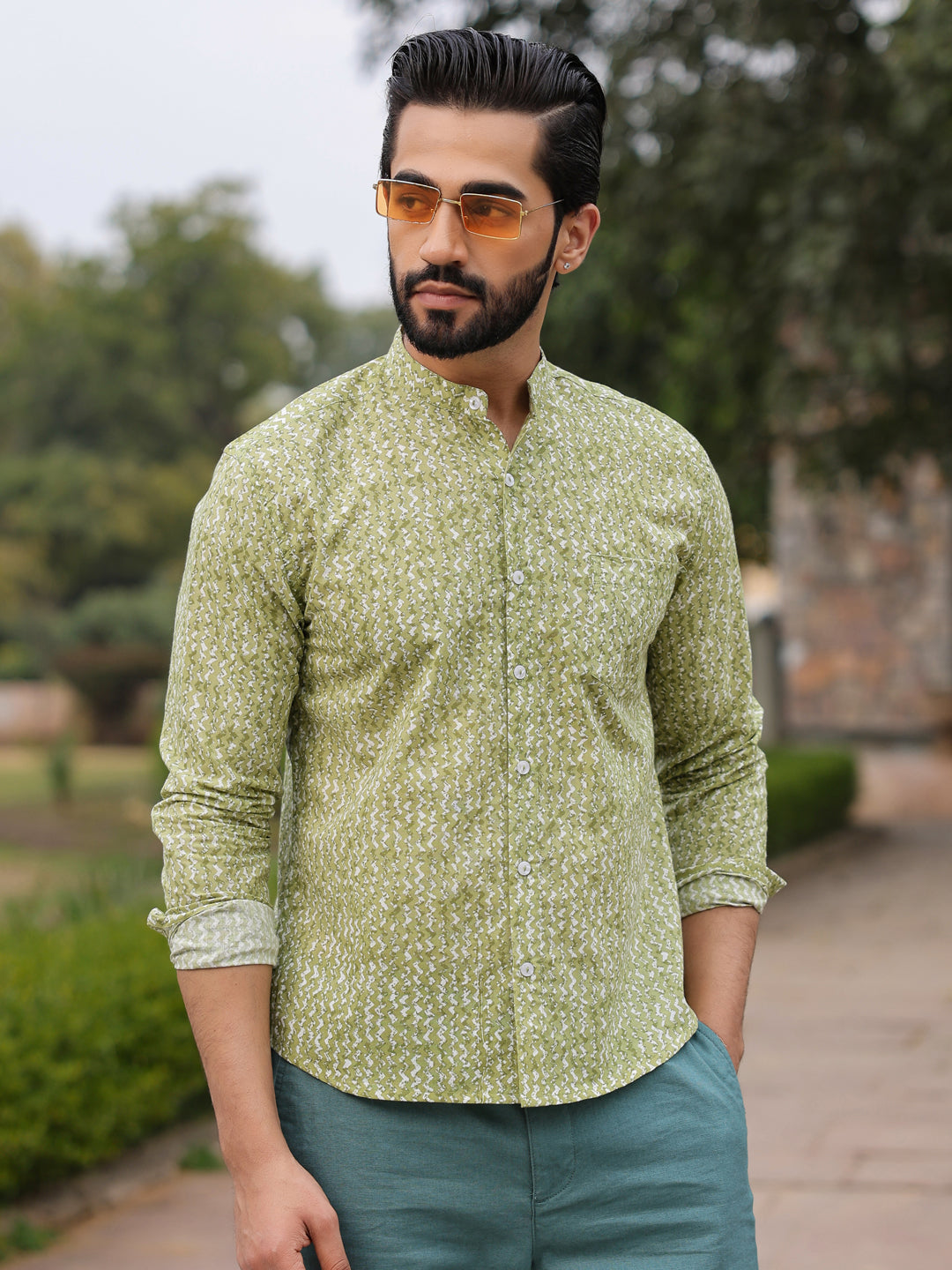 Men's  Pure Cotton Green Casual Shirt