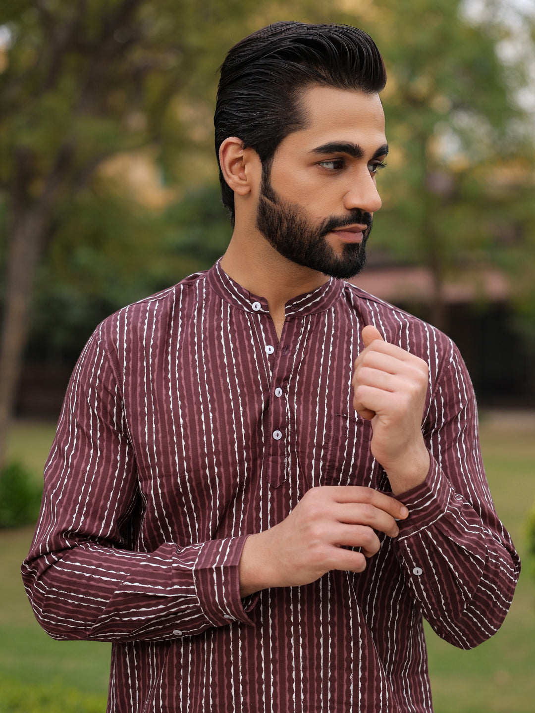 Men's Striped Pure Cotton Brown Printed Kurta